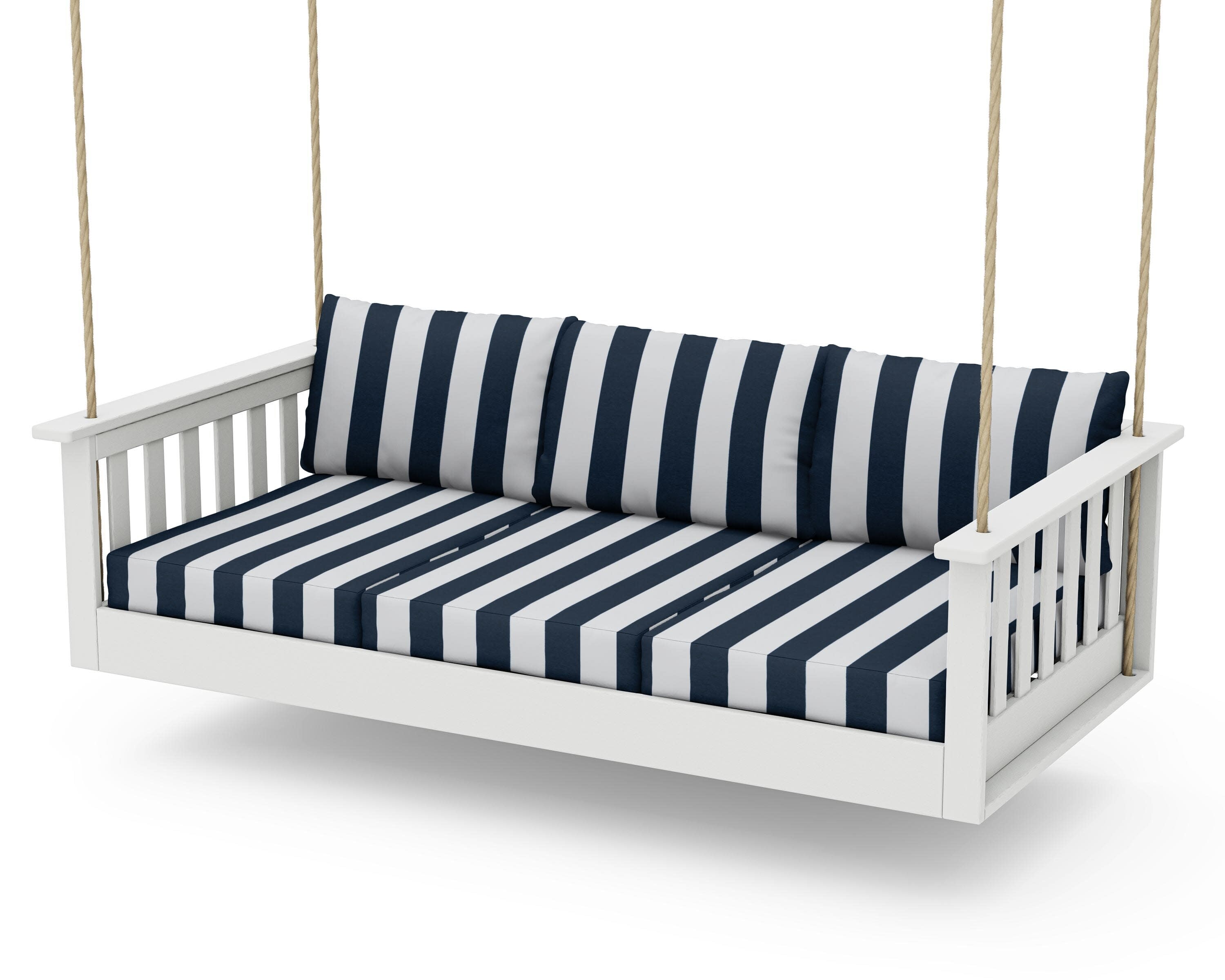 Vineyard Daybed Swing in Vintage White / Cabana Stripe Marine Indigo