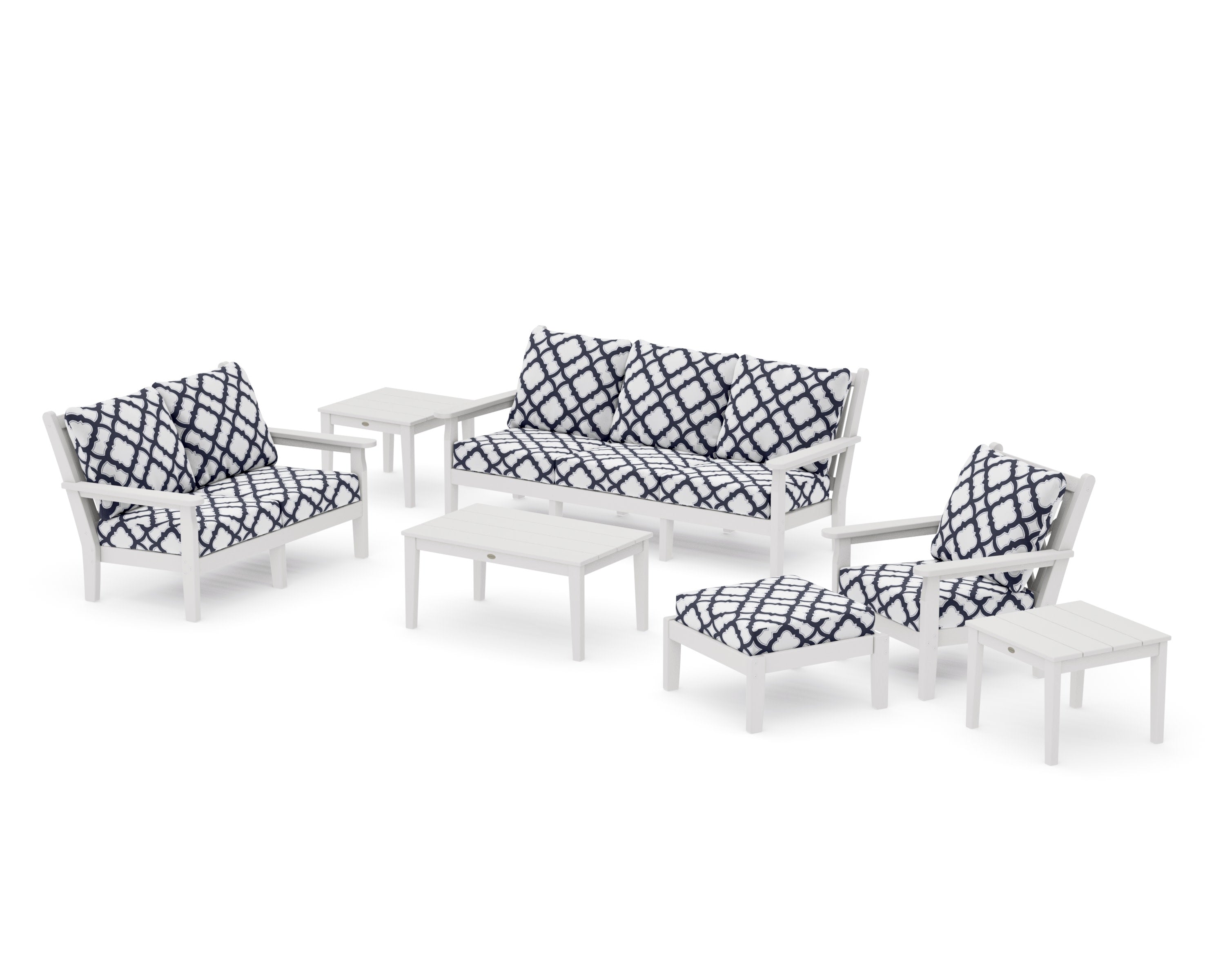 Chippendale 7-Piece Deep Seating Set in Vintage White / Trellis Navy