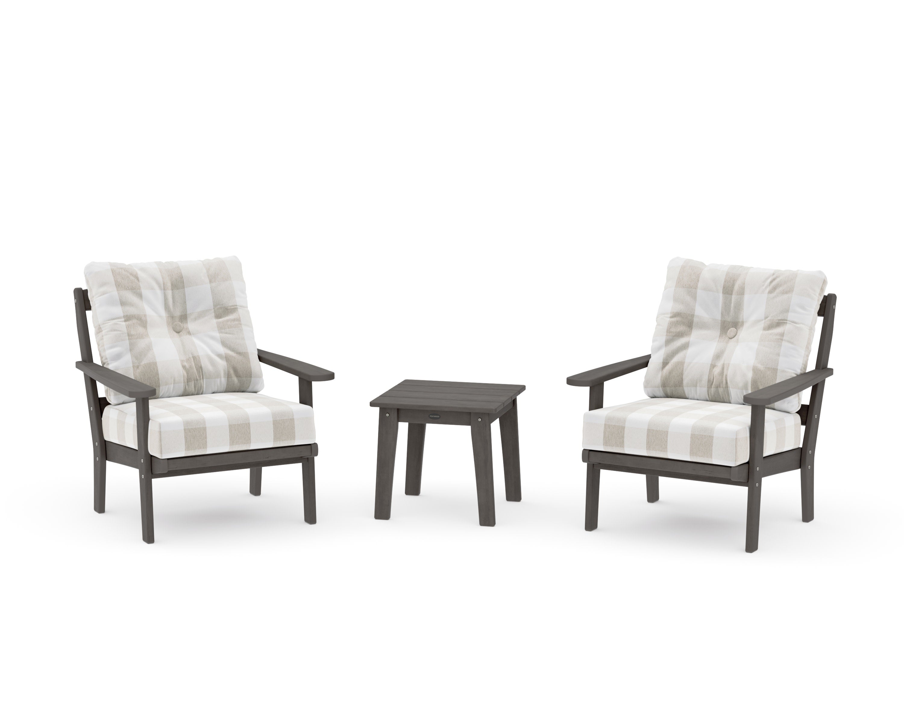 Mission 3-Piece Deep Seating Set in Driftwood / Buffalo Plaid Dune Burlap
