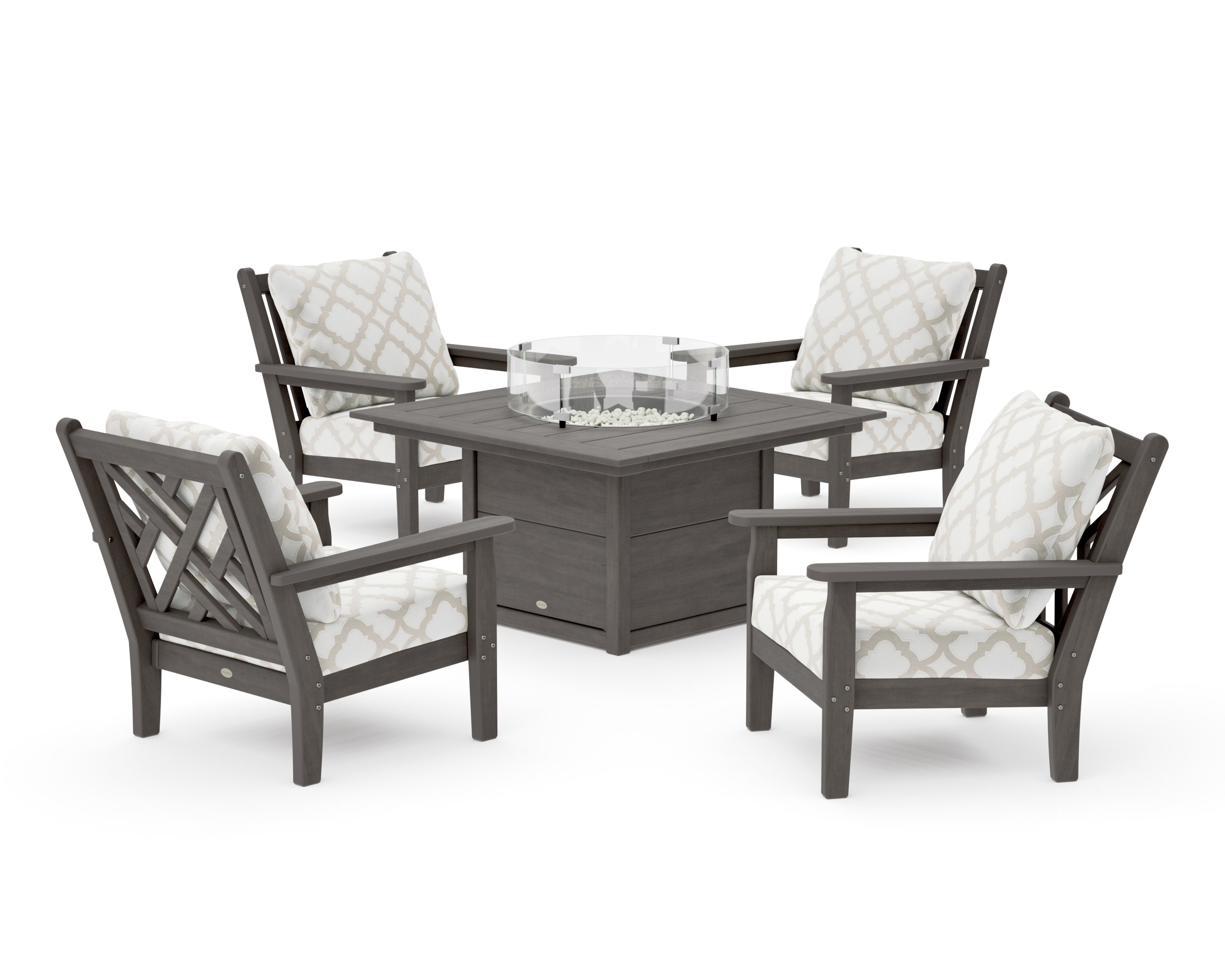 Chippendale 5-Piece Deep Seating Set with Fire Pit Table in Driftwood / Trellis Dune Burlap