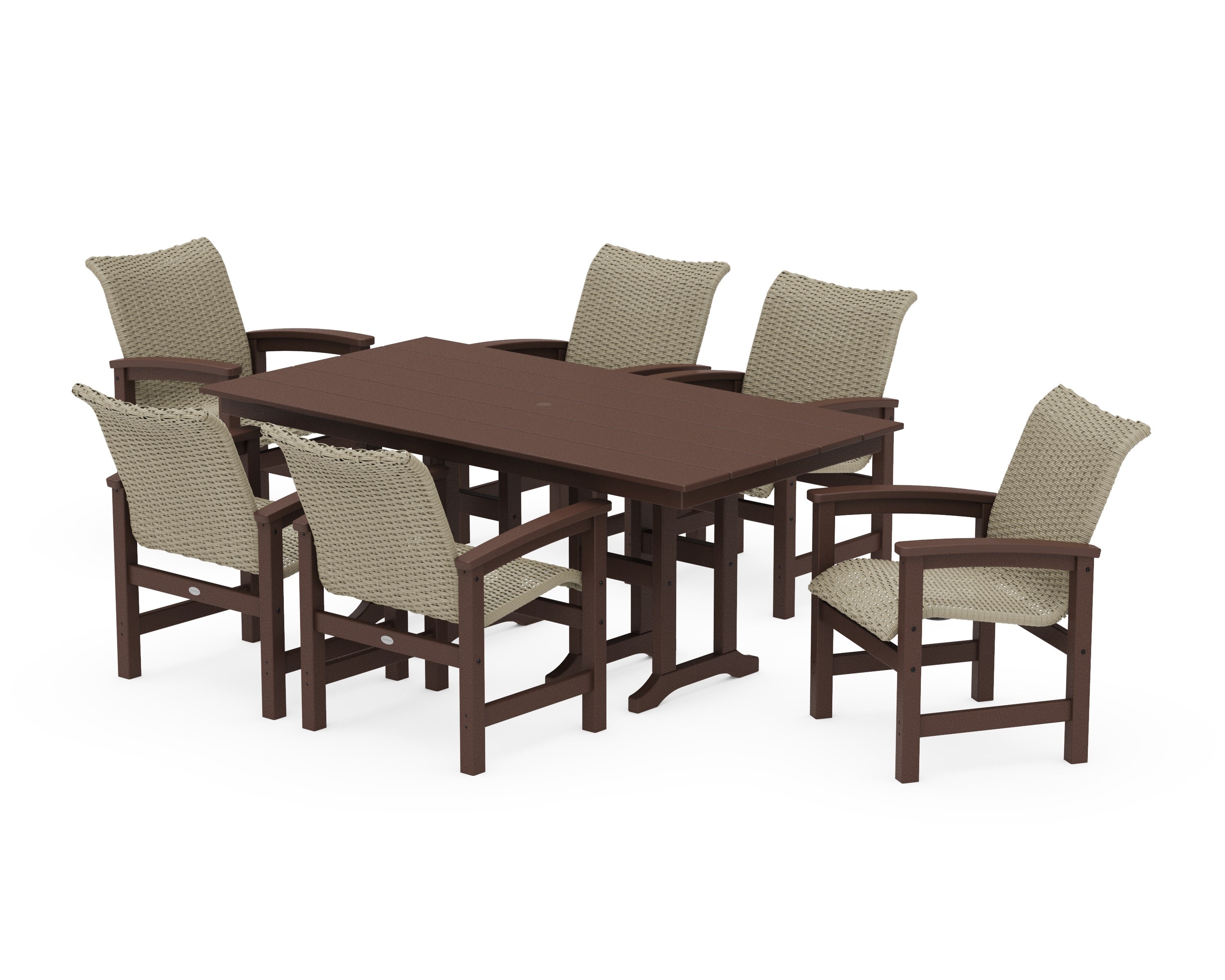 Coastal Woven Arm Chair 7-Piece Farmhouse Dining Set in Mahogany / Dune Grass