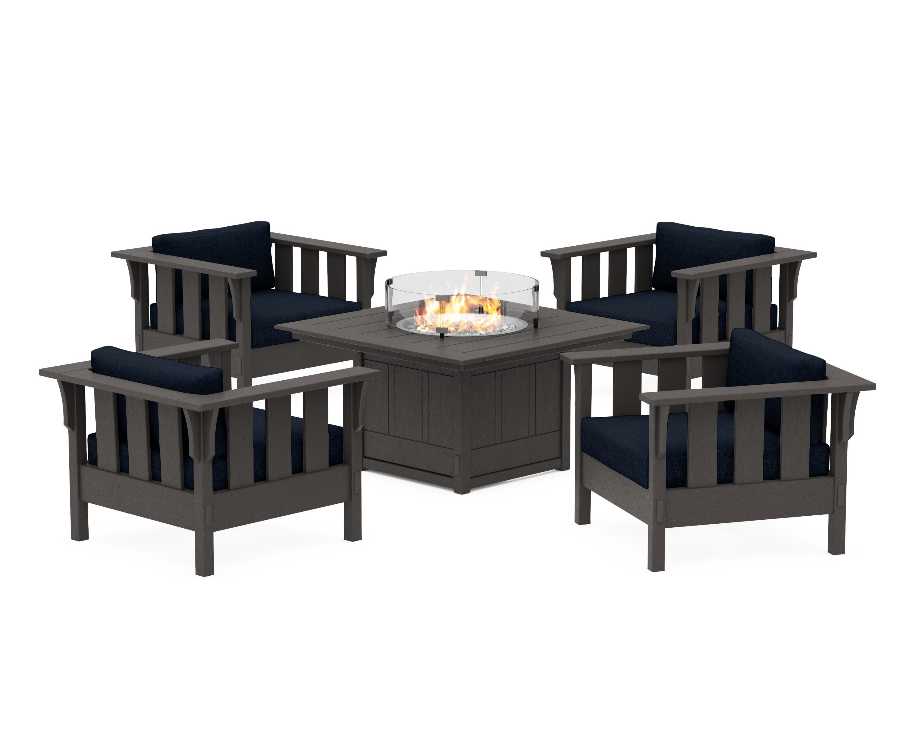 Acadia 5-Piece Deep Seating Set with Fire Pit Table in Vintage Coffee / Marine Indigo
