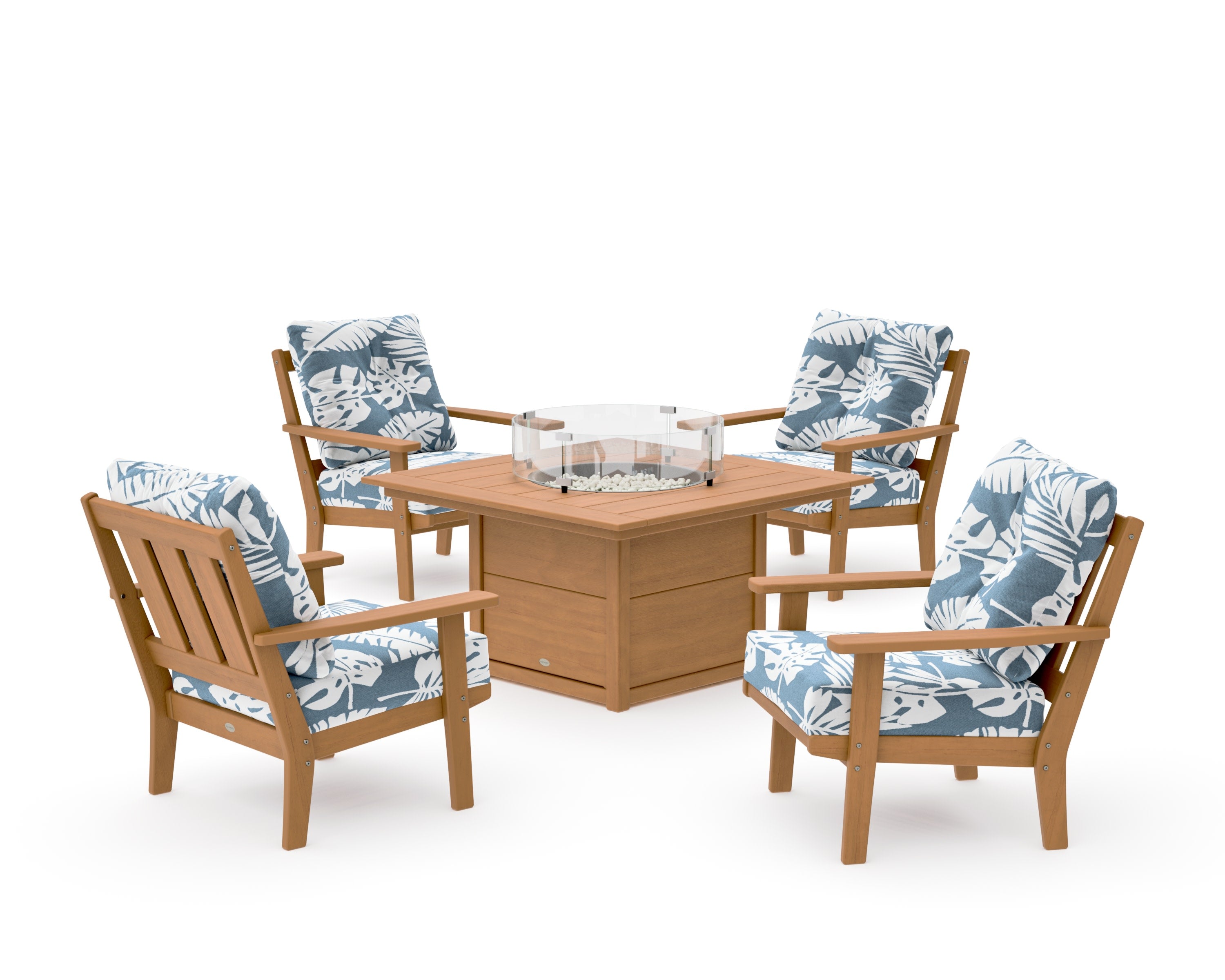 Oxford 5-Piece Deep Seating Set with Fire Pit Table in Natural / Leaf Sky Blue