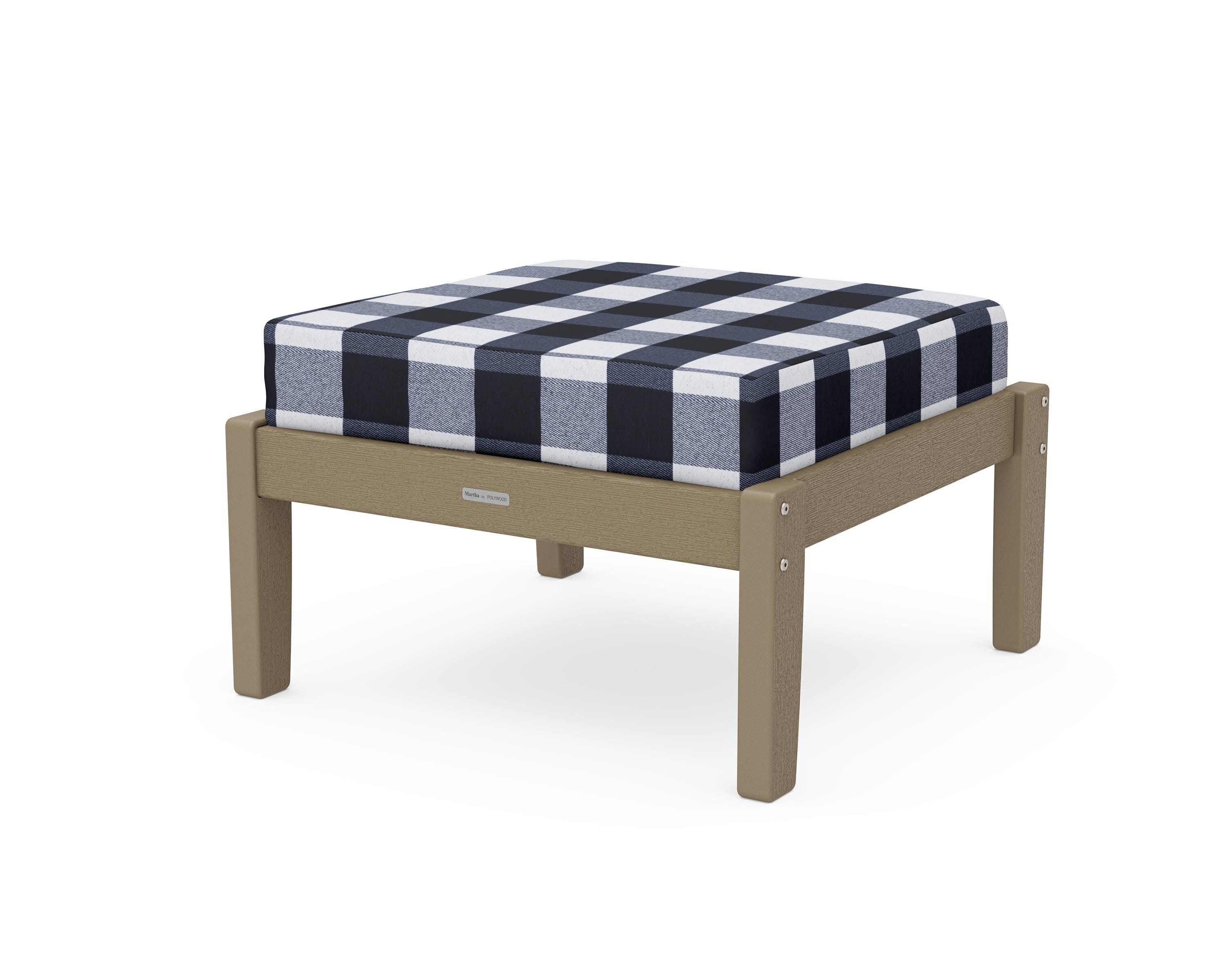 Chinoiserie Deep Seating Ottoman in Vintage Sahara / Buffalo Plaid Marine Indigo
