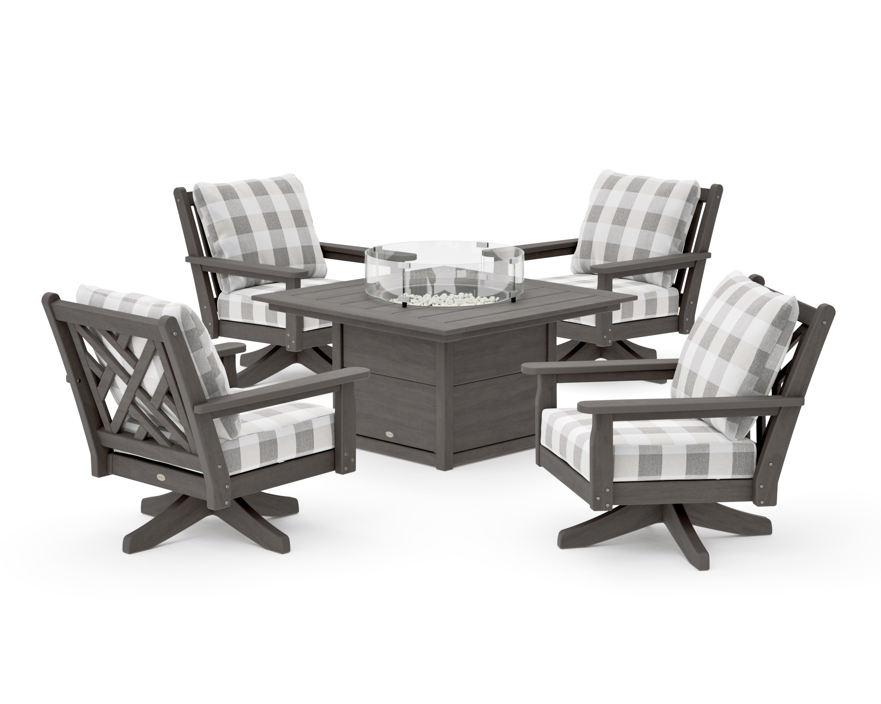Chippendale 5-Piece Deep Seating Swivel Conversation Set with Fire Pit Table in Driftwood / Buffalo Plaid Grey Mist