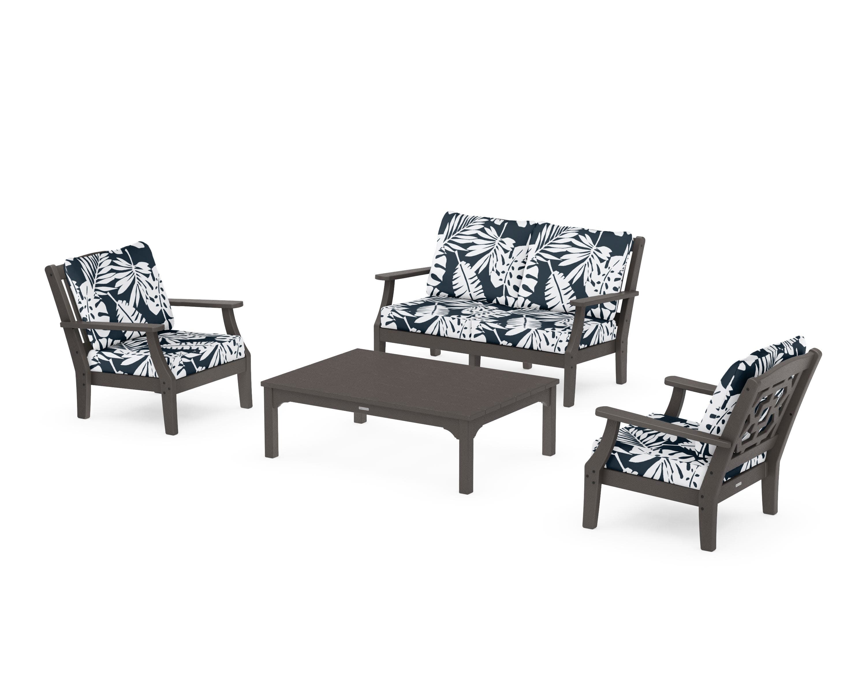 Chinoiserie 4-Piece Deep Seating Set with Loveseat in Vintage Coffee / Leaf Marine Indigo