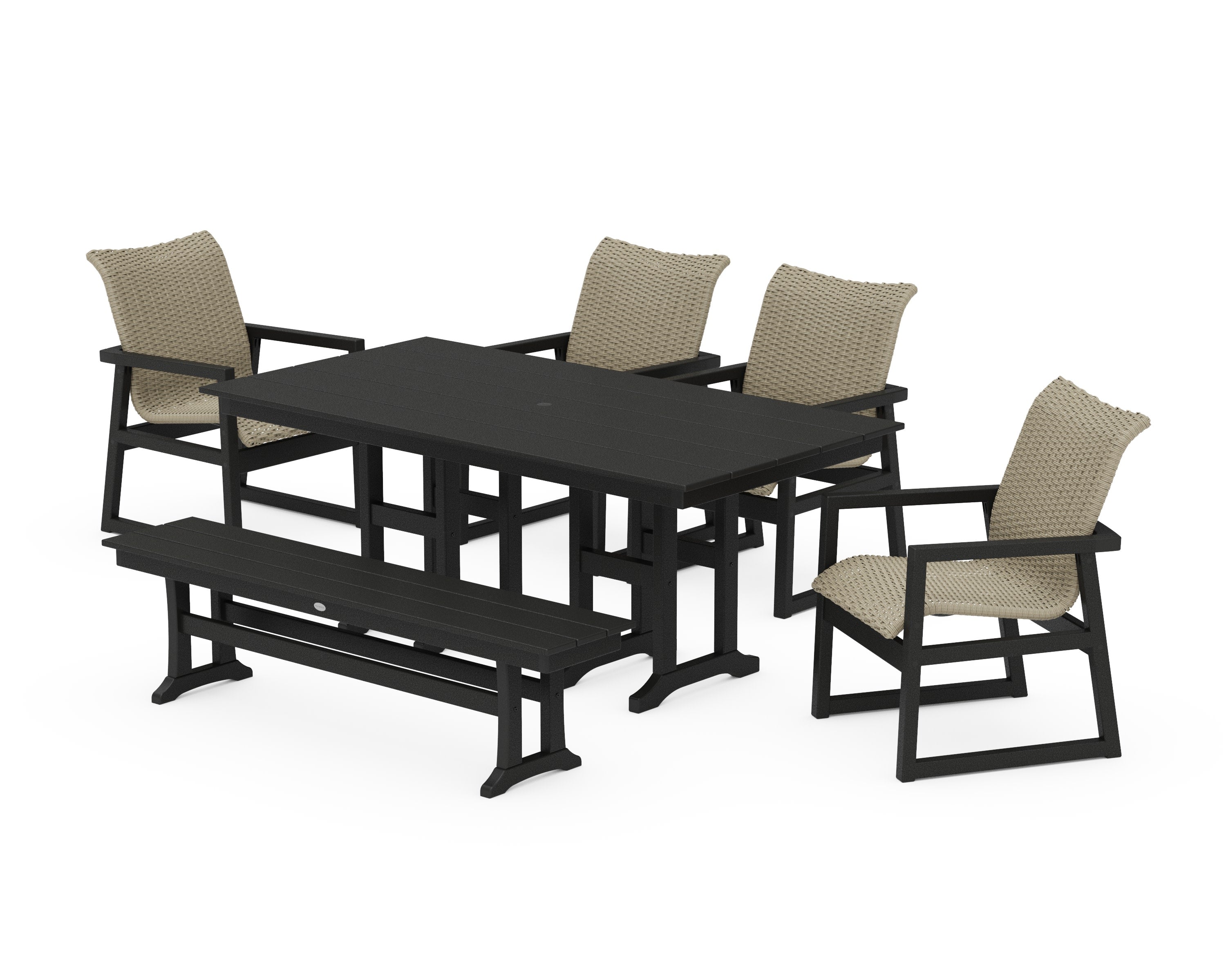 EDGE Woven 6-Piece Farmhouse Dining Set with Bench in Black / Dune Grass