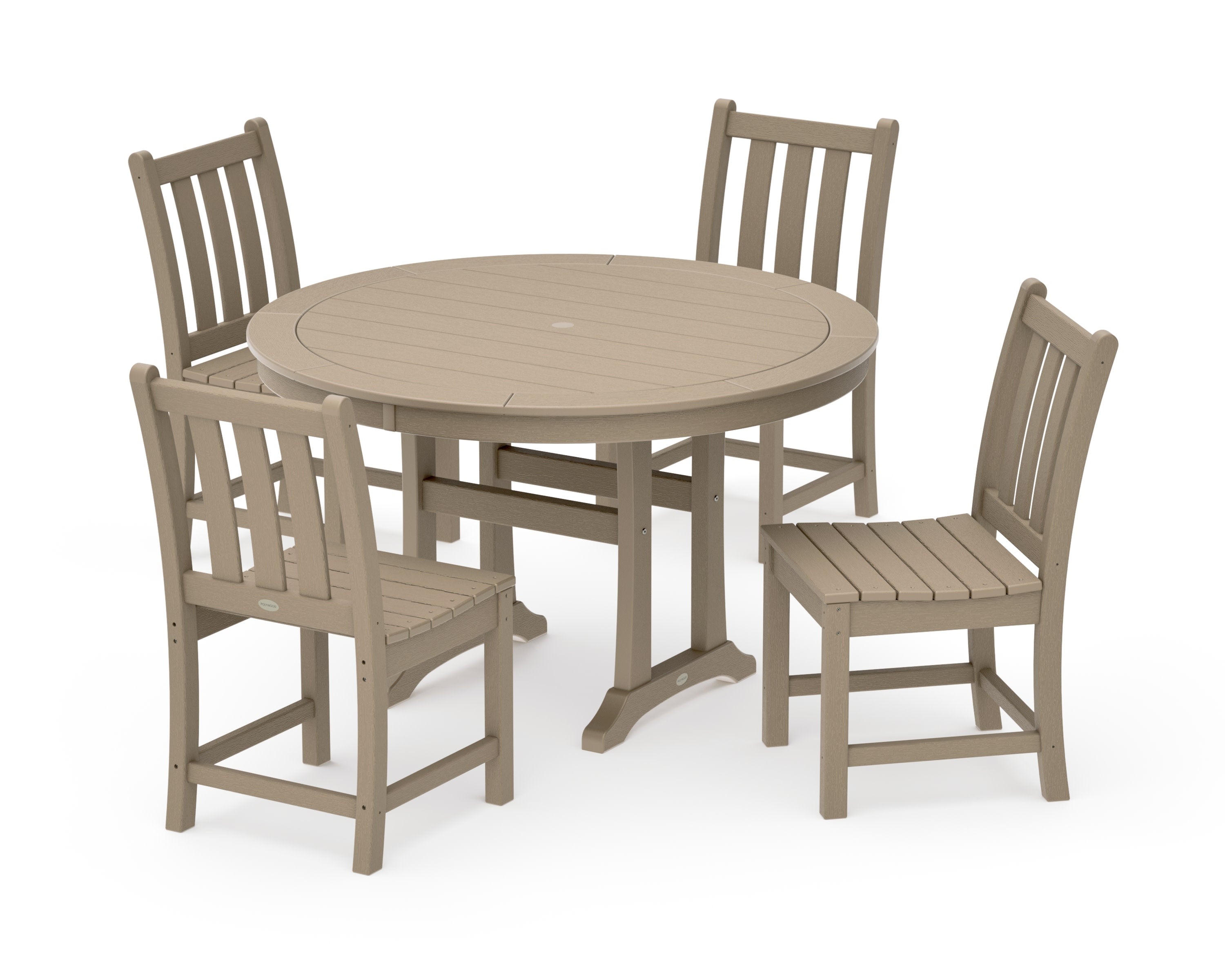 Traditional Garden Side Chair 5-Piece Round Dining Set With Trestle Legs in Vintage Sahara