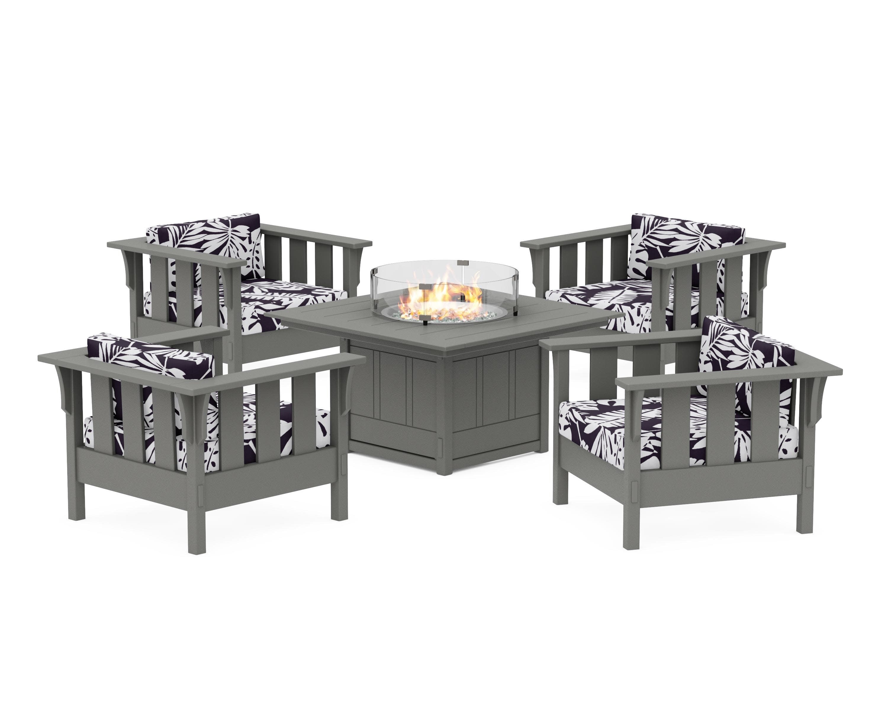 Acadia 5-Piece Deep Seating Set with Fire Pit Table in Slate Grey / Leaf Navy