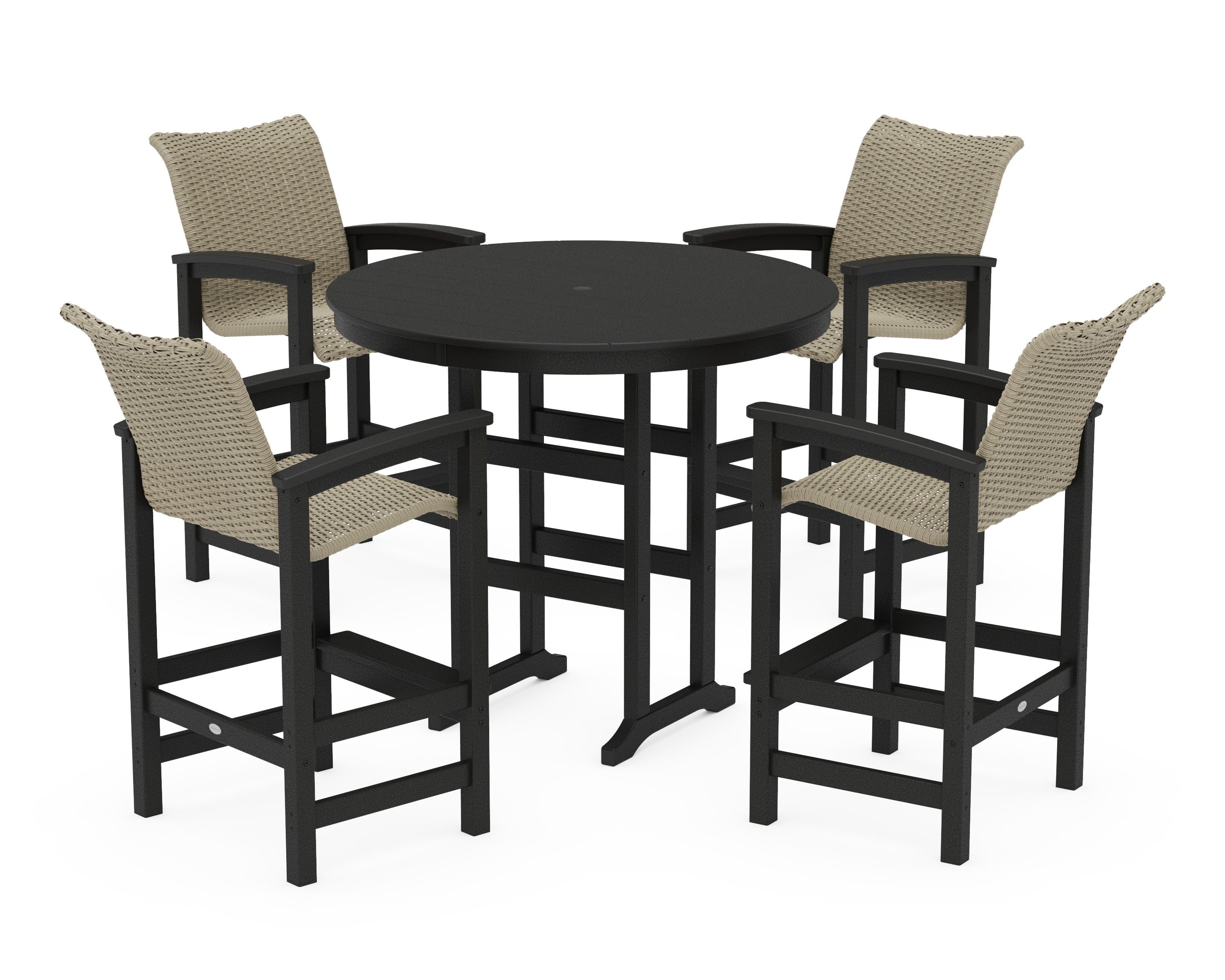 Coastal Woven 5-Piece Round Farmhouse Bar Set in Black / Dune Grass