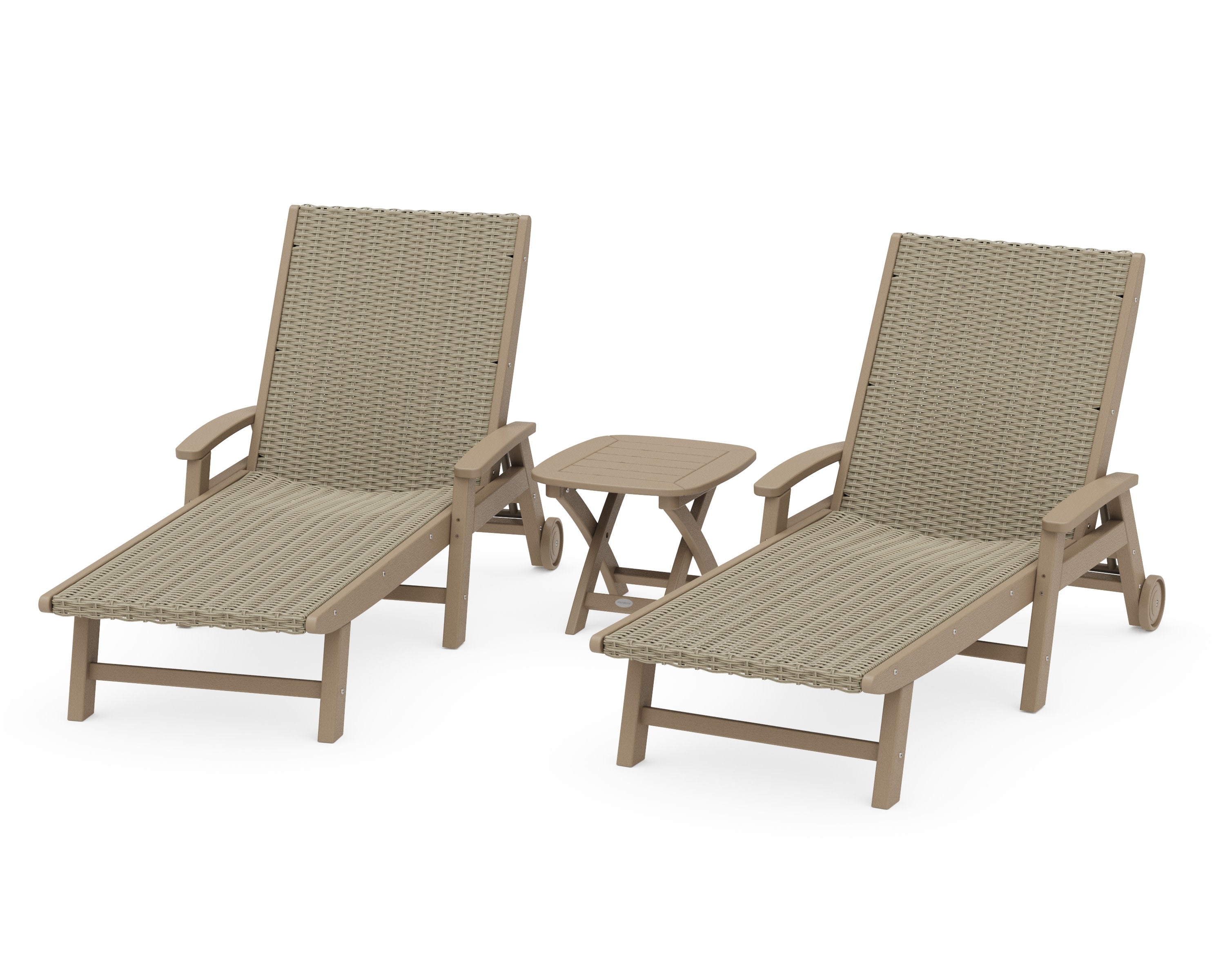 3-Piece Coastal Woven Chaise with Arms and Wheels Chaise Lounge Set in Vintage Sahara / Dune Grass