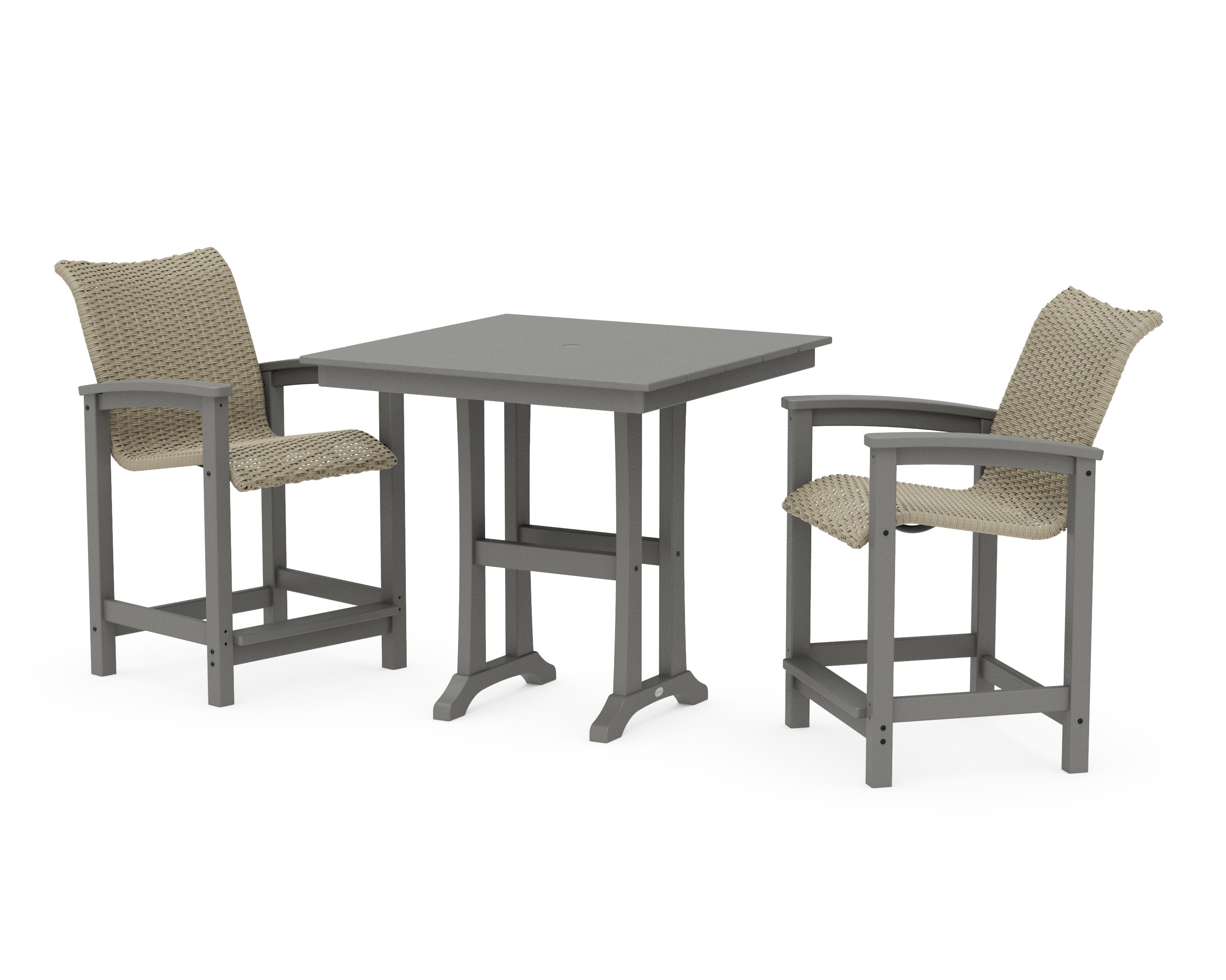 Coastal Woven 3-Piece Farmhouse Counter Set with Trestle Legs in Slate Grey / Dune Grass