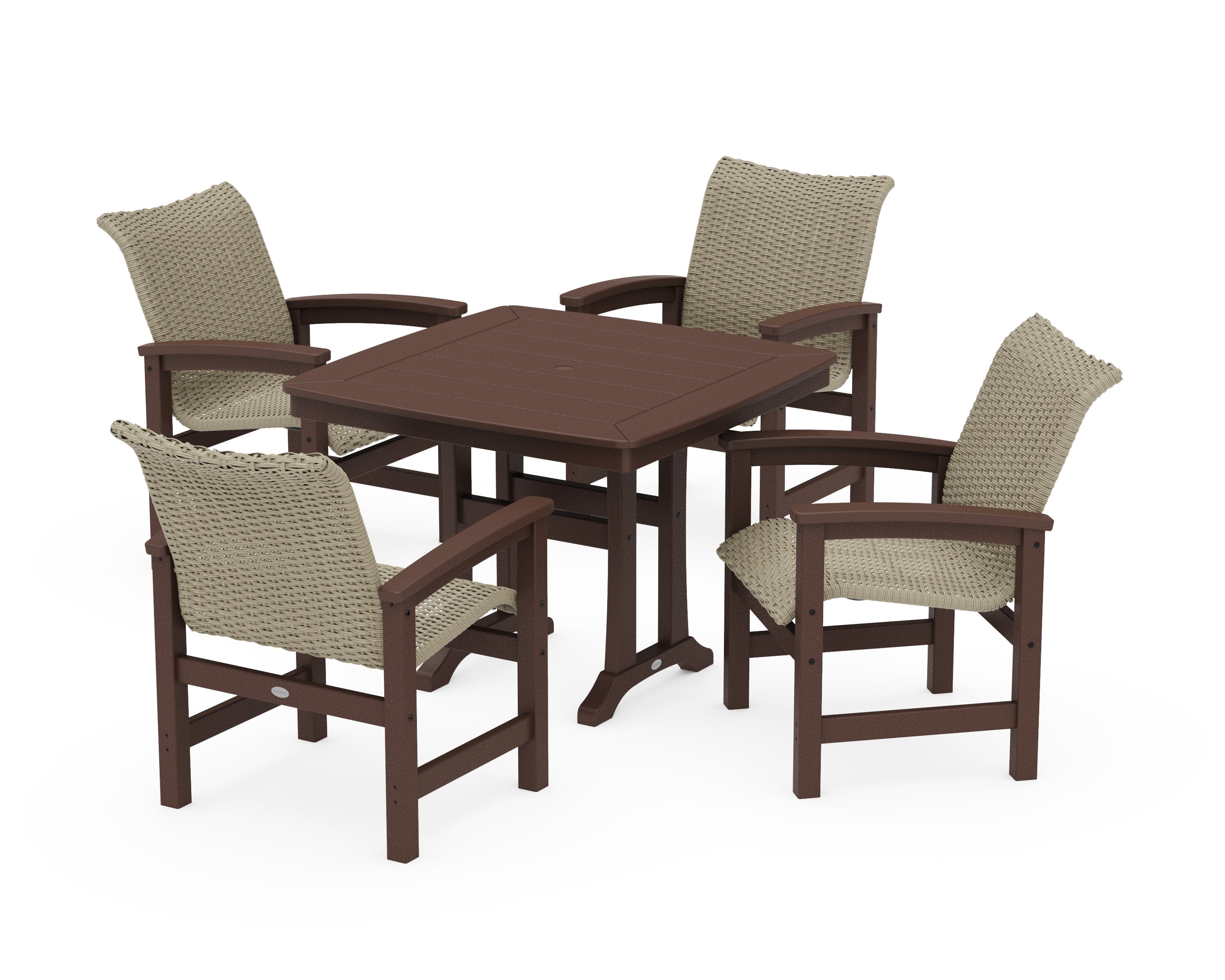 Coastal Woven 5-Piece Dining Set with Trestle Legs in Mahogany / Dune Grass