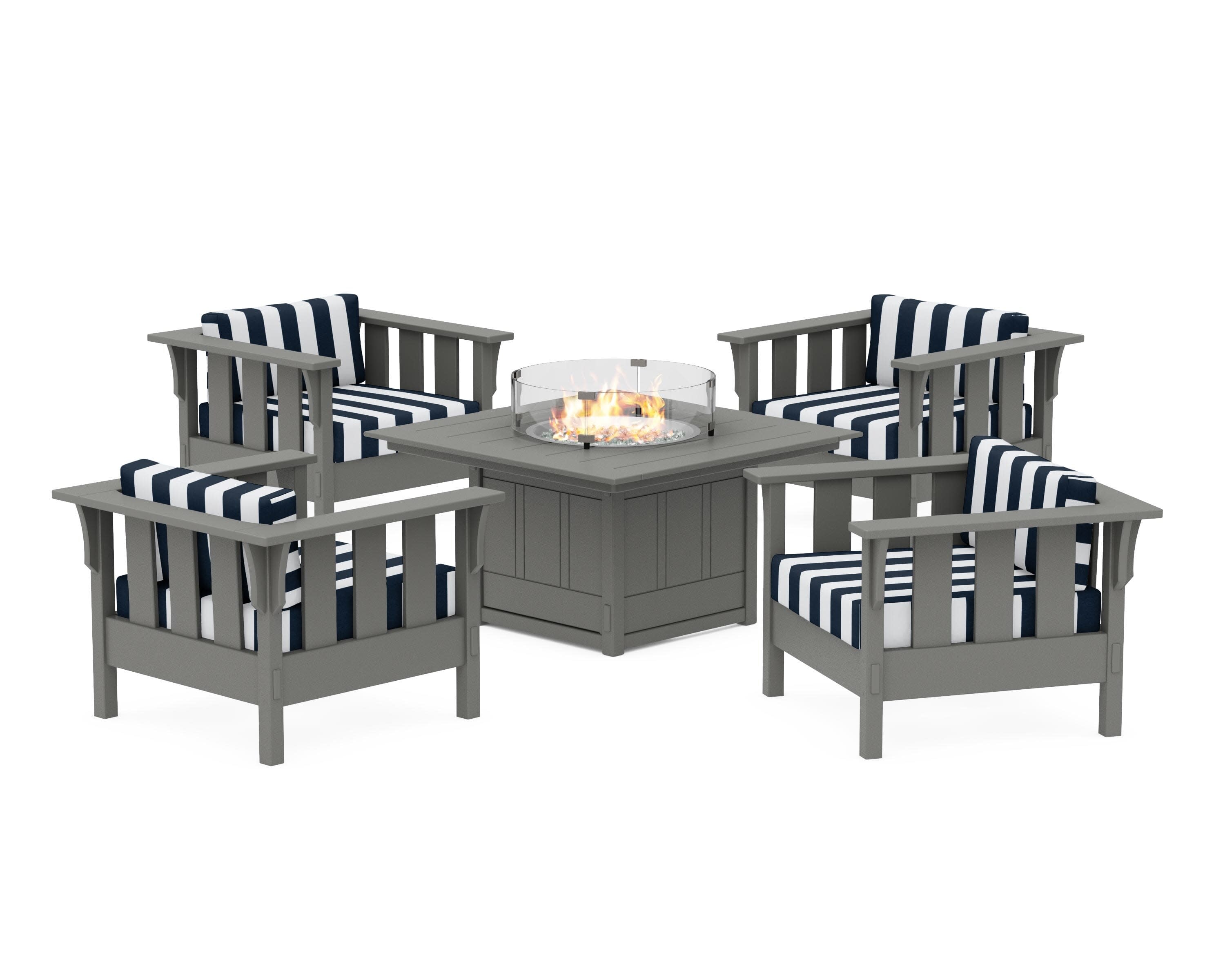 Acadia 5-Piece Deep Seating Set with Fire Pit Table in Slate Grey / Cabana Stripe Marine Indigo