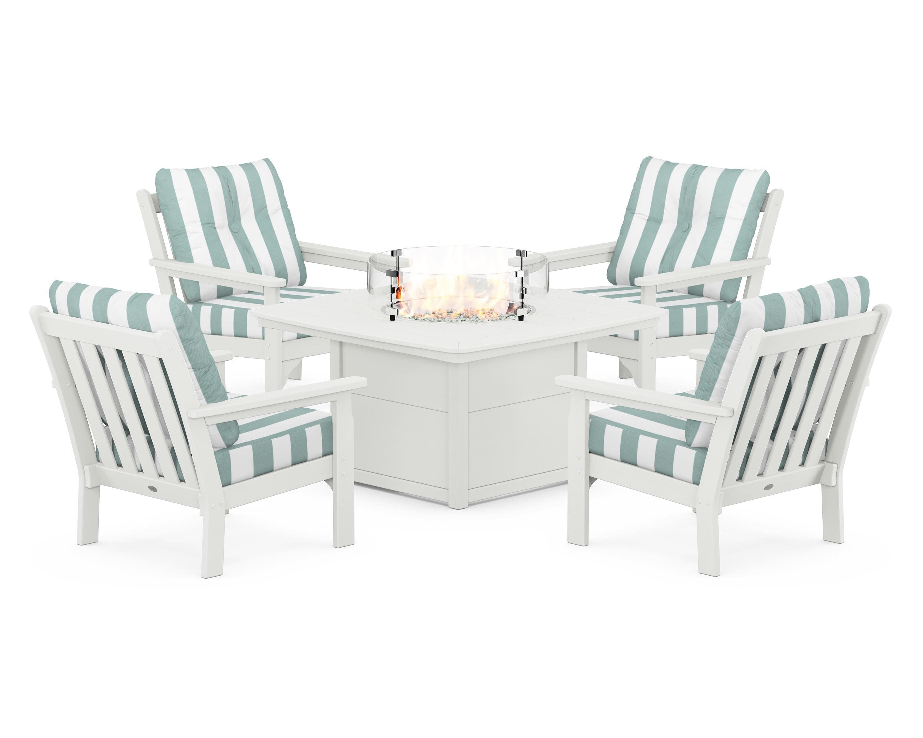 Vineyard 5-Piece Conversation Set with Fire Pit Table in Vintage White / Cabana Stripe Glacier Spa