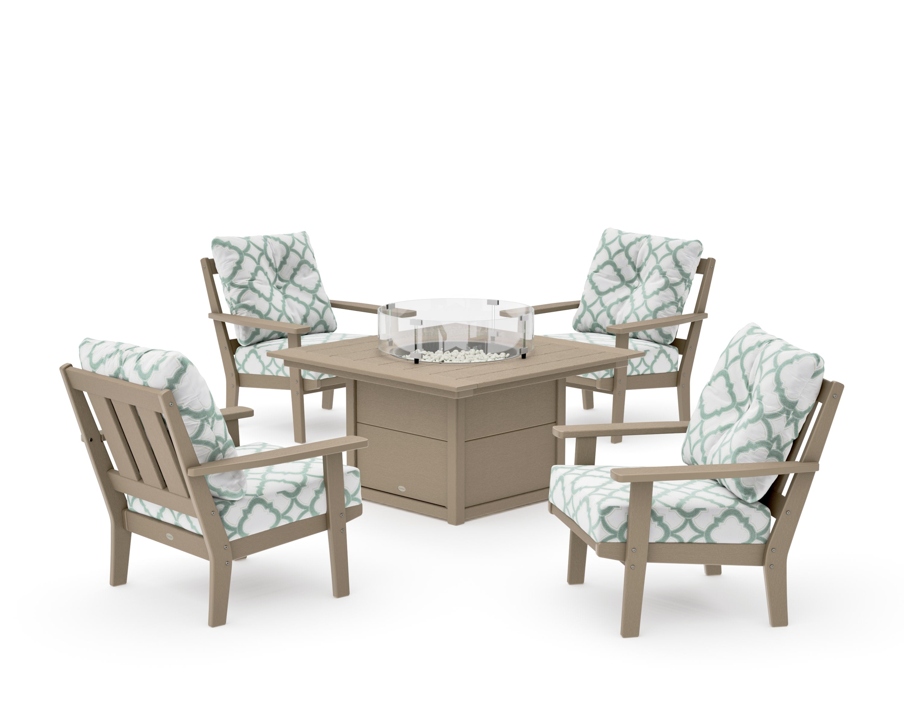 Oxford 5-Piece Deep Seating Set with Fire Pit Table in Vintage Sahara / Trellis Glacier Spa