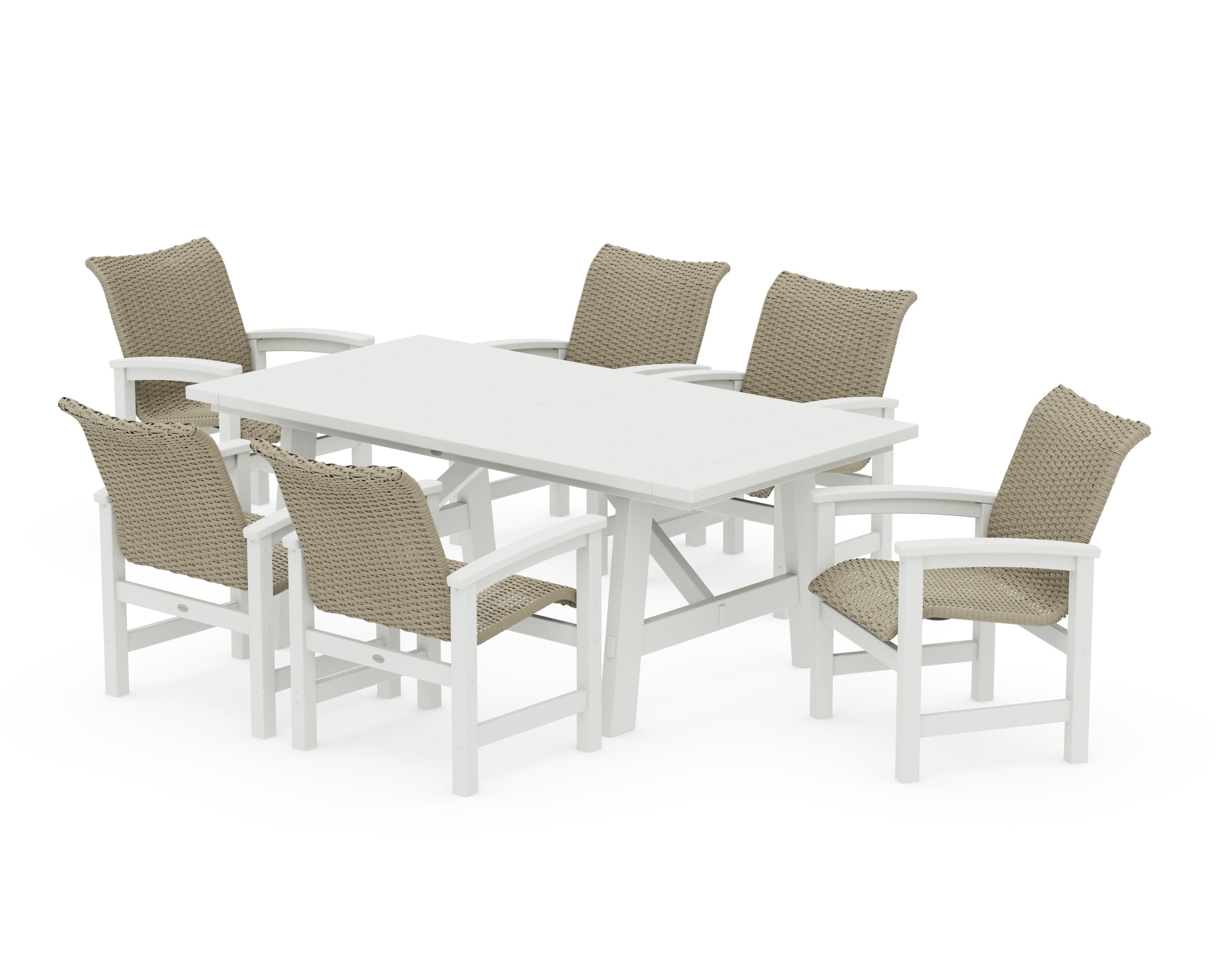 Coastal Woven Arm Chair 7-Piece Rustic Farmhouse Dining Set in Vintage White / Dune Grass