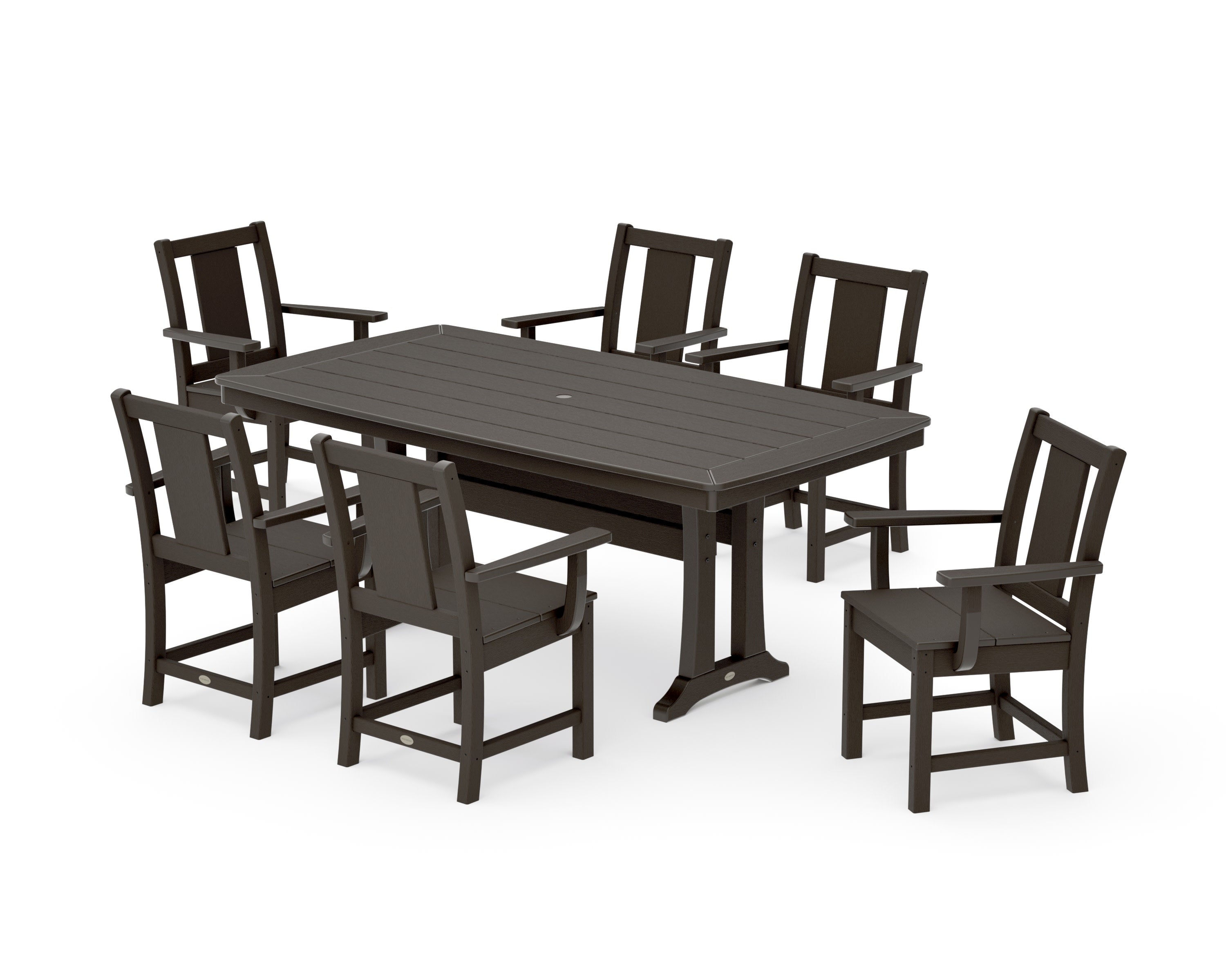 Prairie Arm Chair 7-Piece Dining Set with Trestle Legs in Vintage Coffee