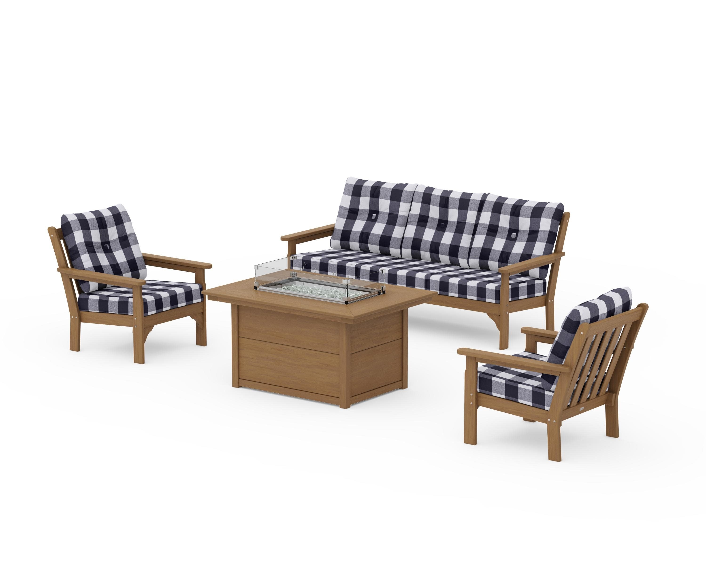 Vineyard Deep Seating Fire Pit Table Set in Natural / Buffalo Plaid Navy