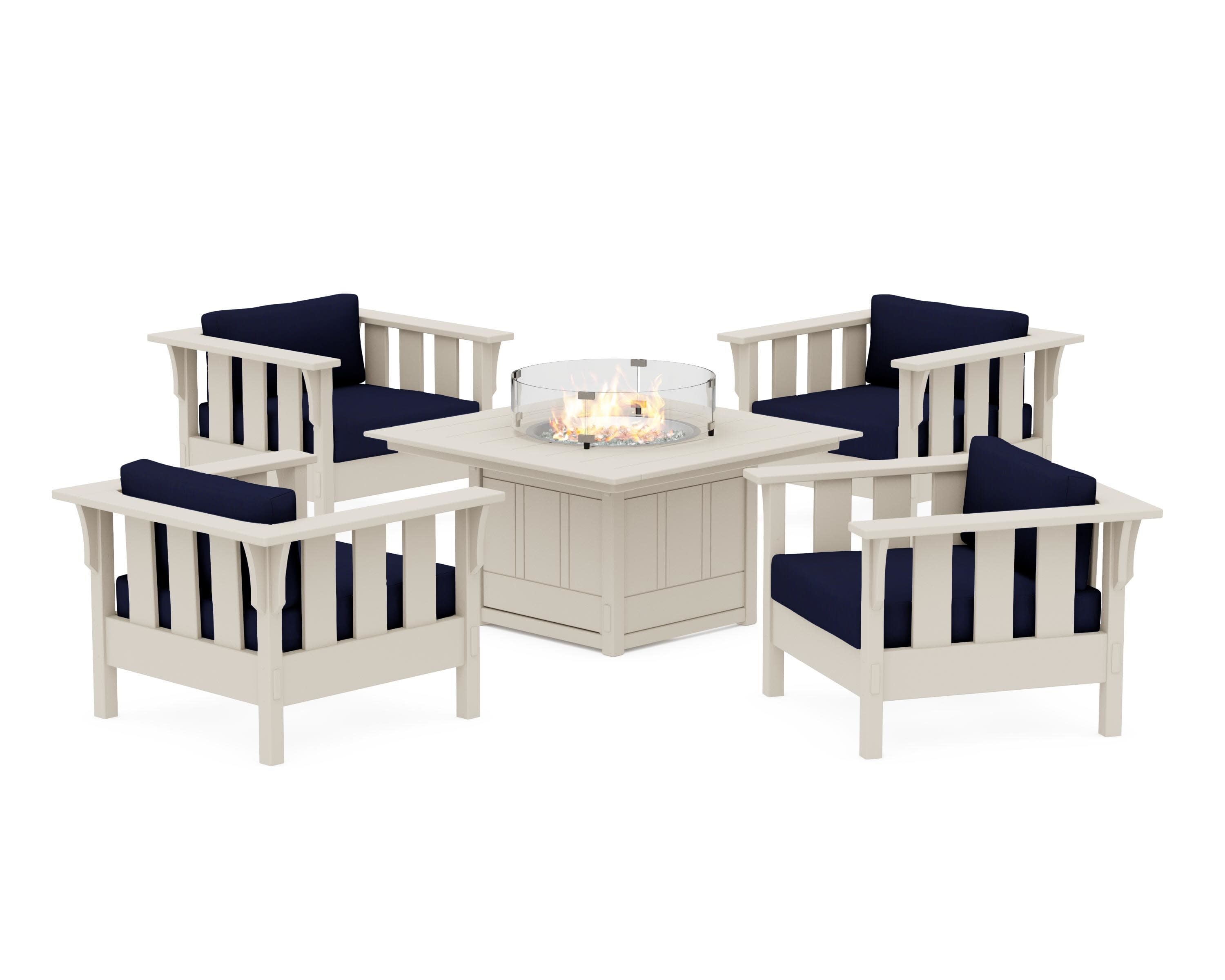 Acadia 5-Piece Deep Seating Set with Fire Pit Table in Sand / Navy