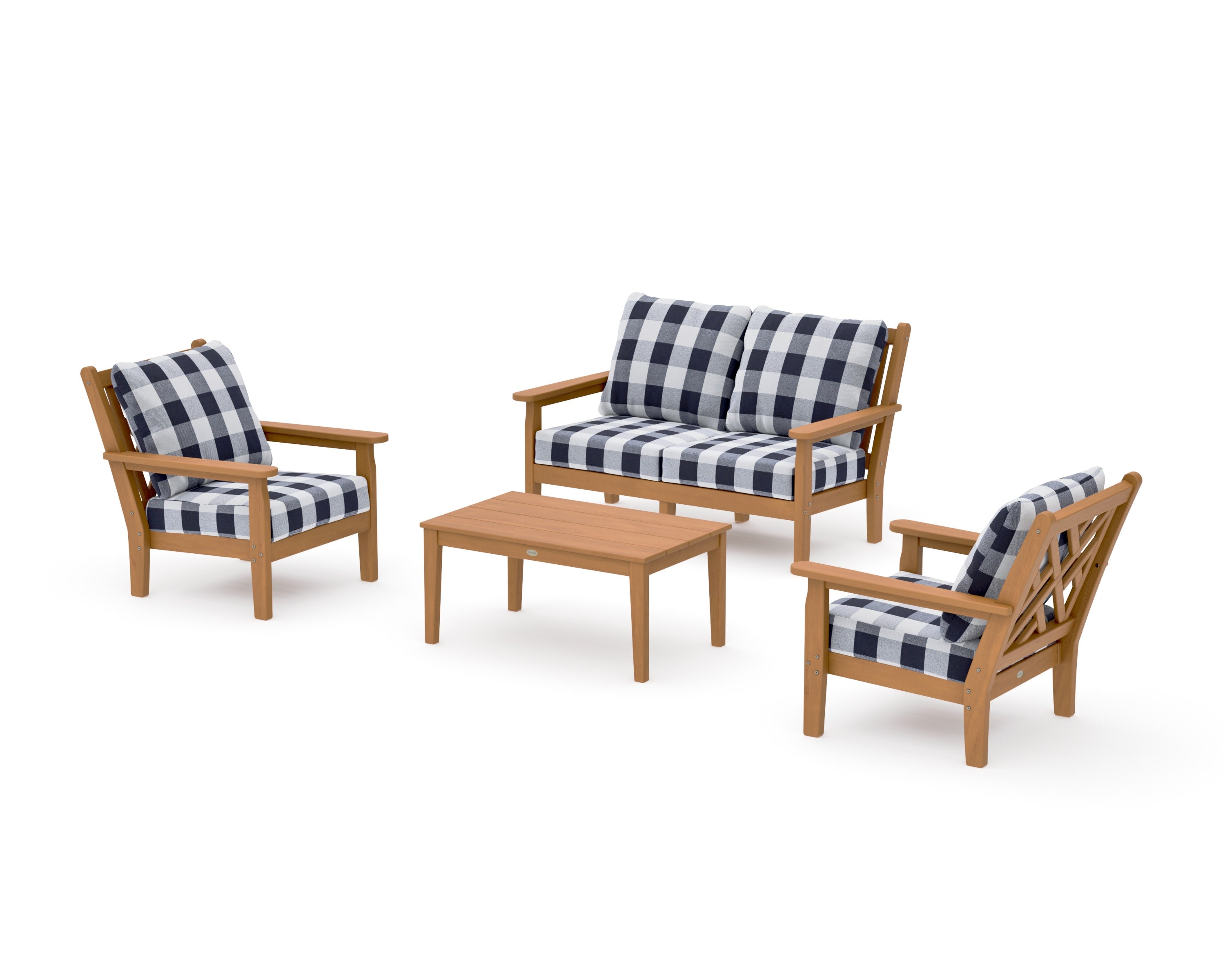Chippendale 4-Piece Deep Seating Set with Loveseat in Natural / Buffalo Plaid Navy