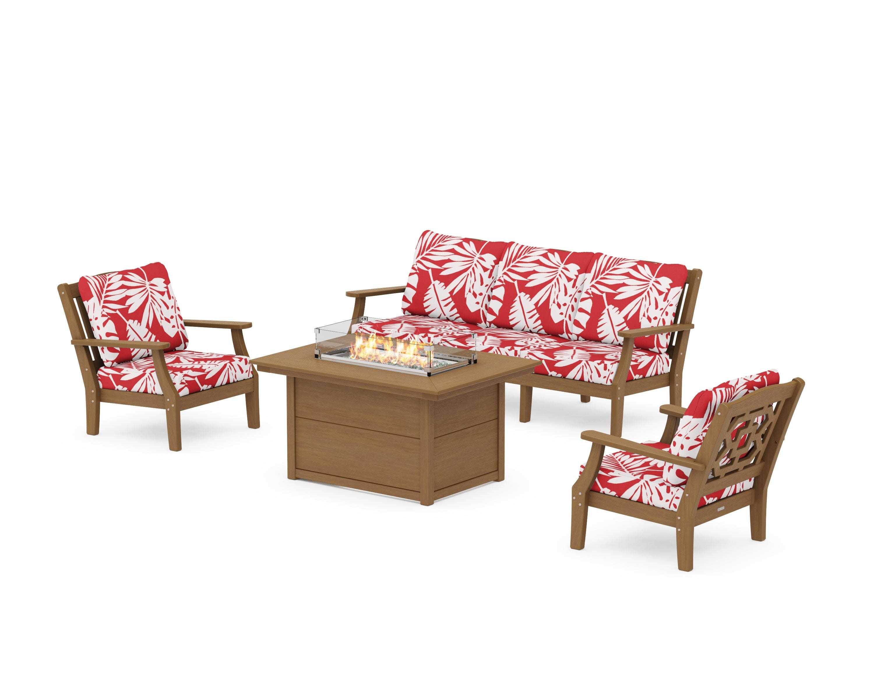 Chinoiserie Deep Seating Fire Pit Table Set in Natural / Leaf Crimson