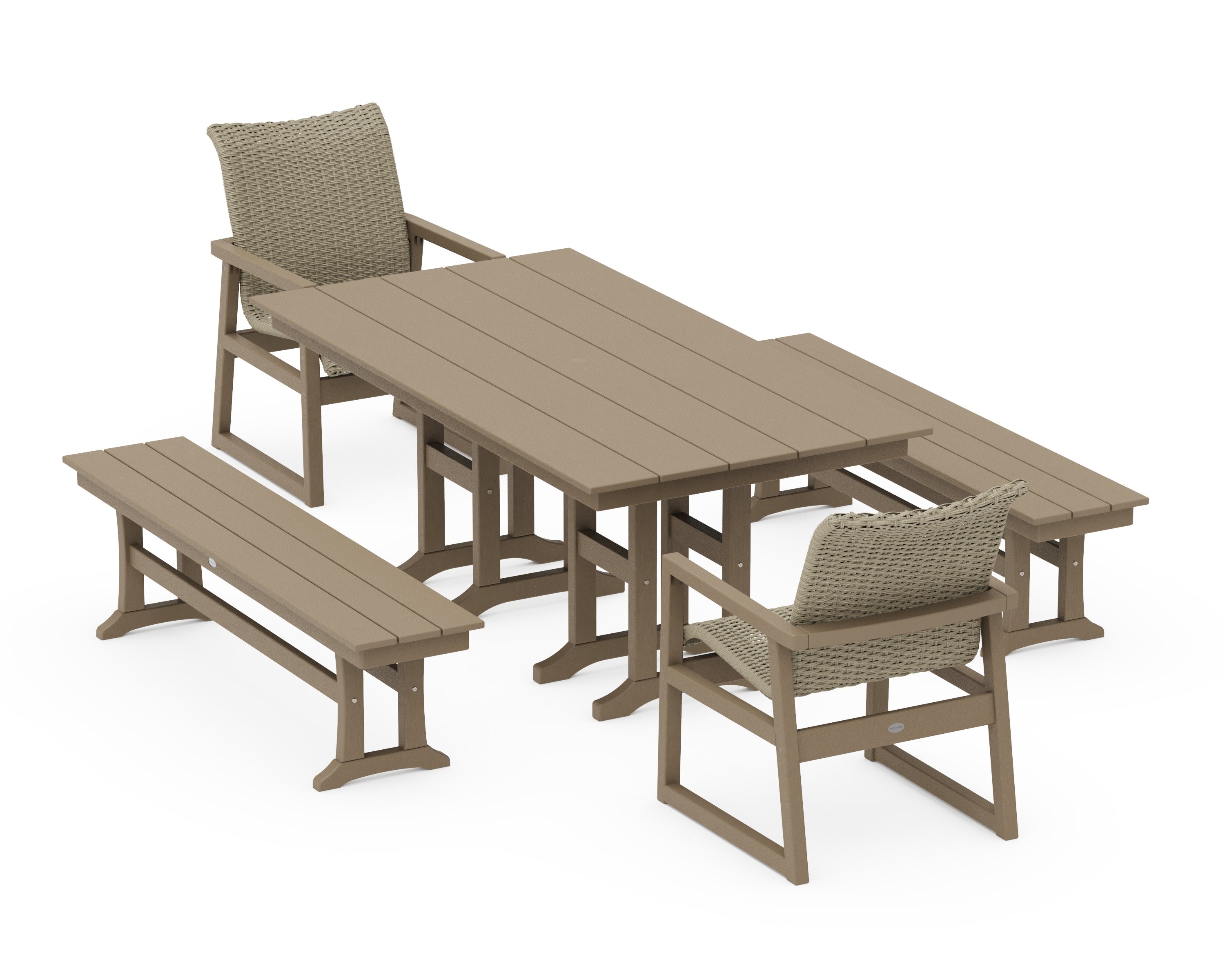 EDGE Woven 5-Piece Farmhouse Dining Set with Benches in Vintage Sahara / Dune Grass