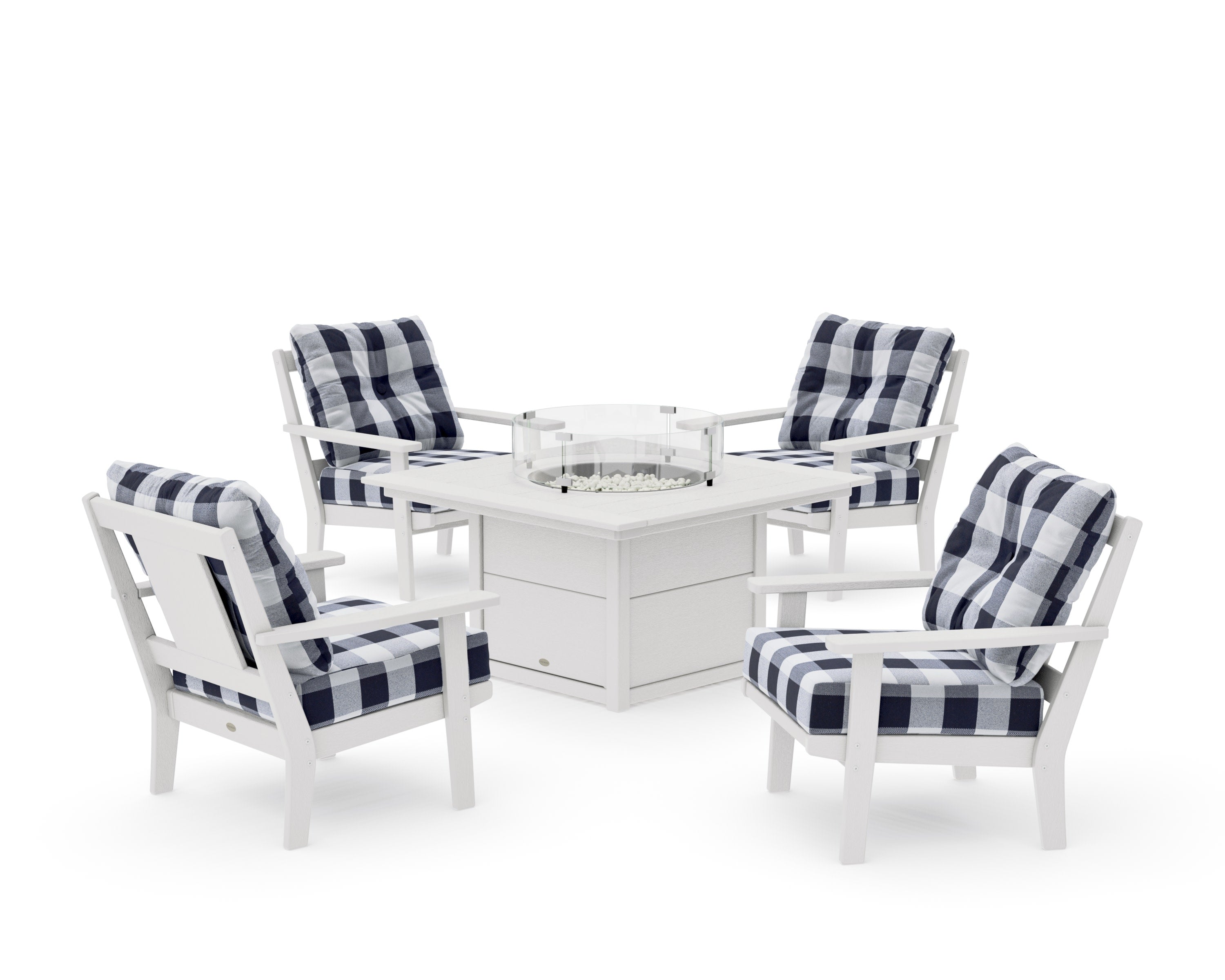 Prairie 5-Piece Deep Seating Set with Fire Pit Table in Vintage White / Buffalo Plaid Navy