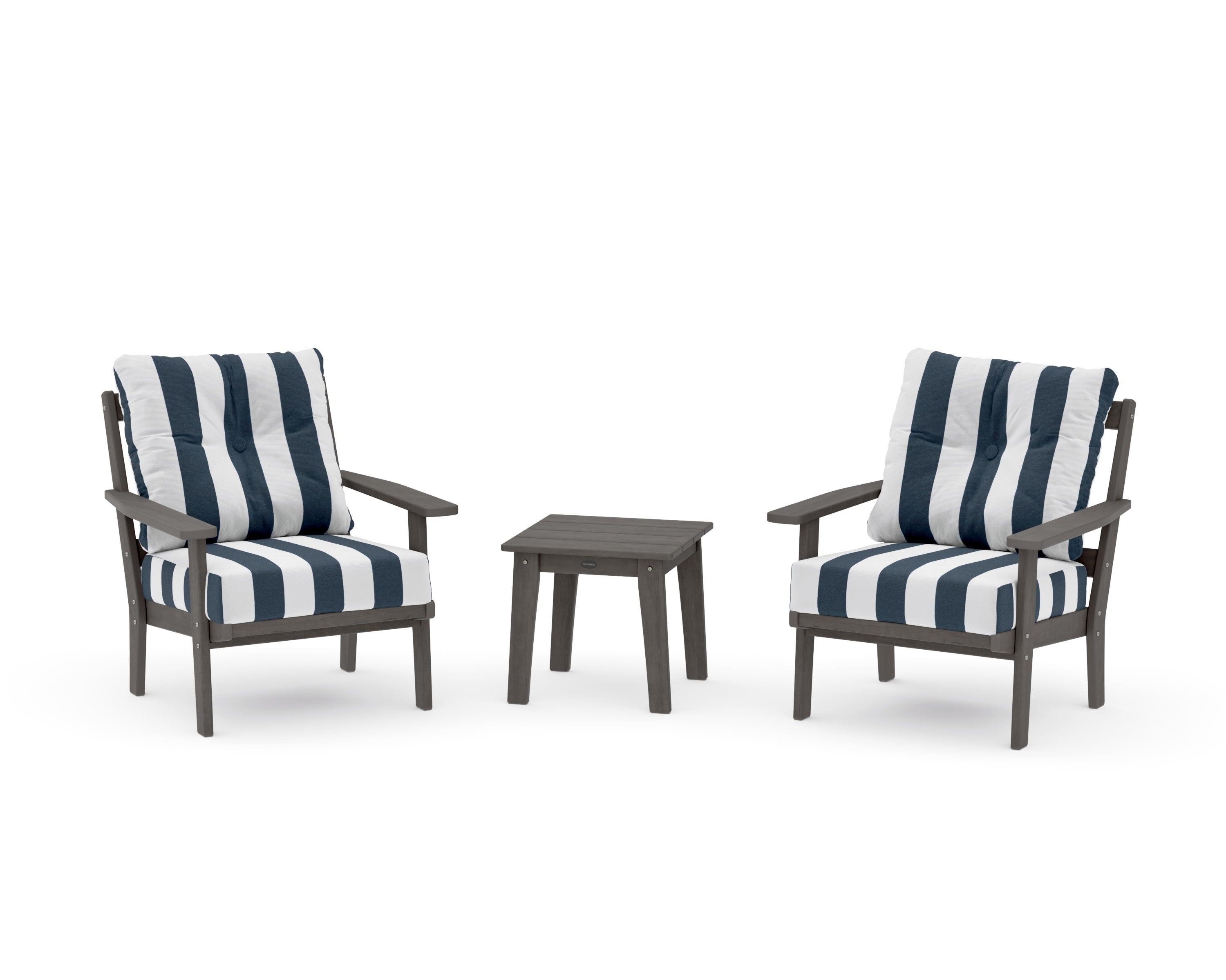 Oxford 3-Piece Deep Seating Set in Driftwood / Cabana Stripe Marine Indigo