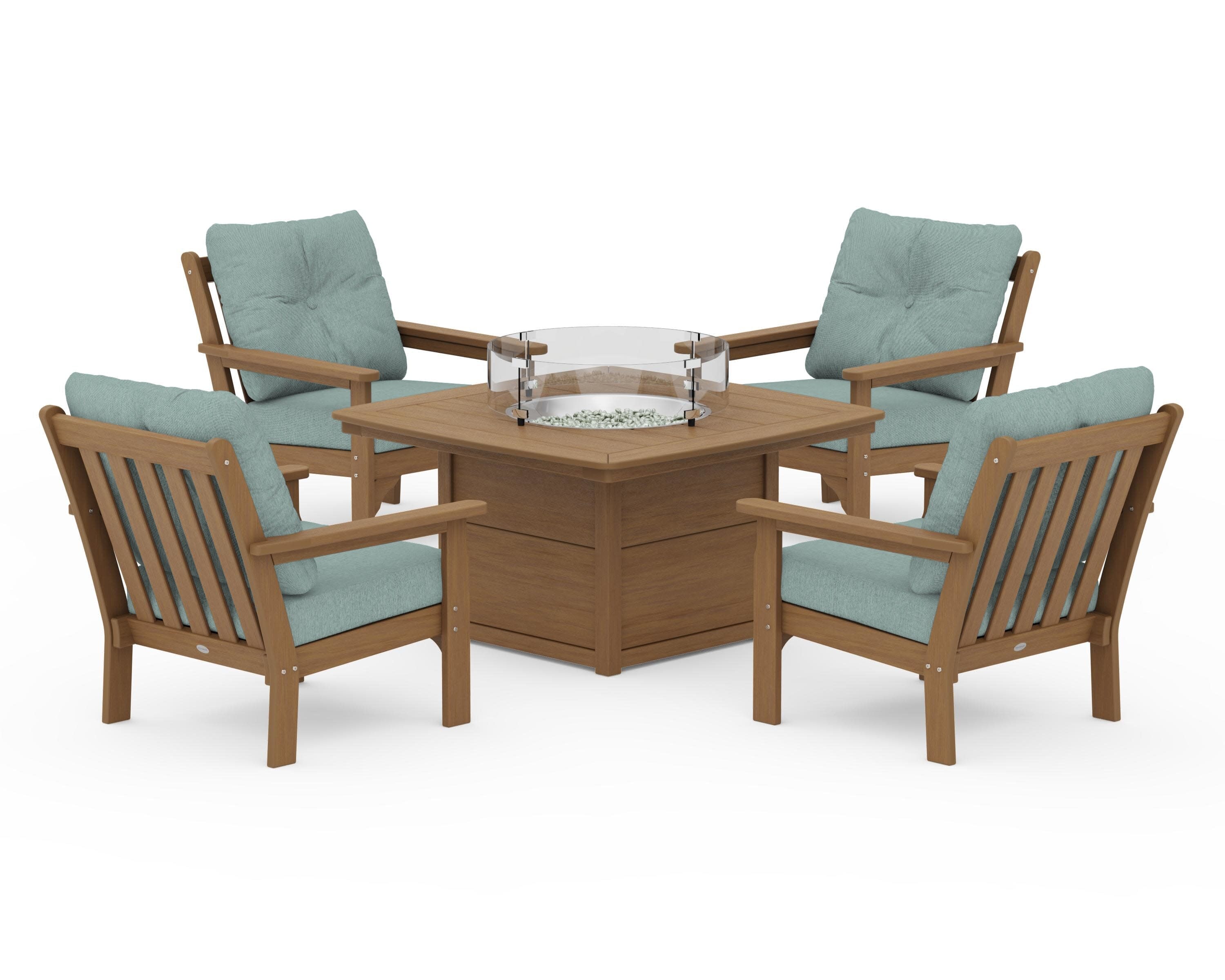 Vineyard 5-Piece Conversation Set with Fire Pit Table in Natural / Glacier Spa