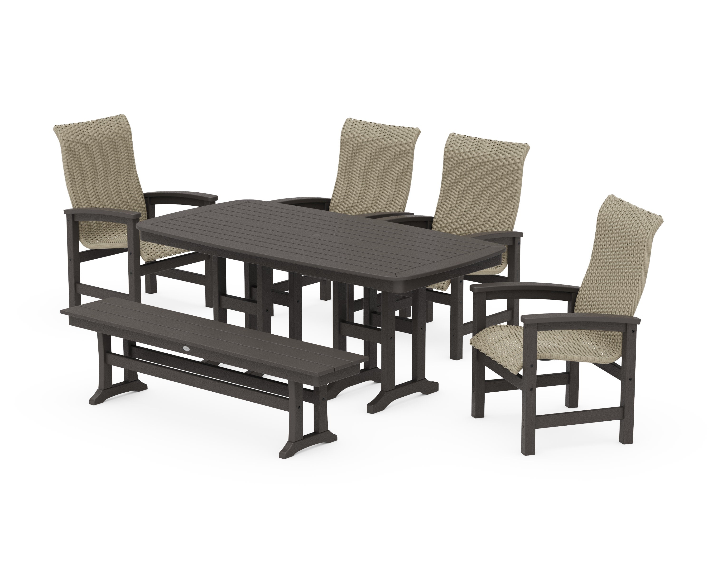 Coastal Woven High-Back 6-Piece Farmhouse Dining Set with Bench in Vintage Coffee / Dune Grass