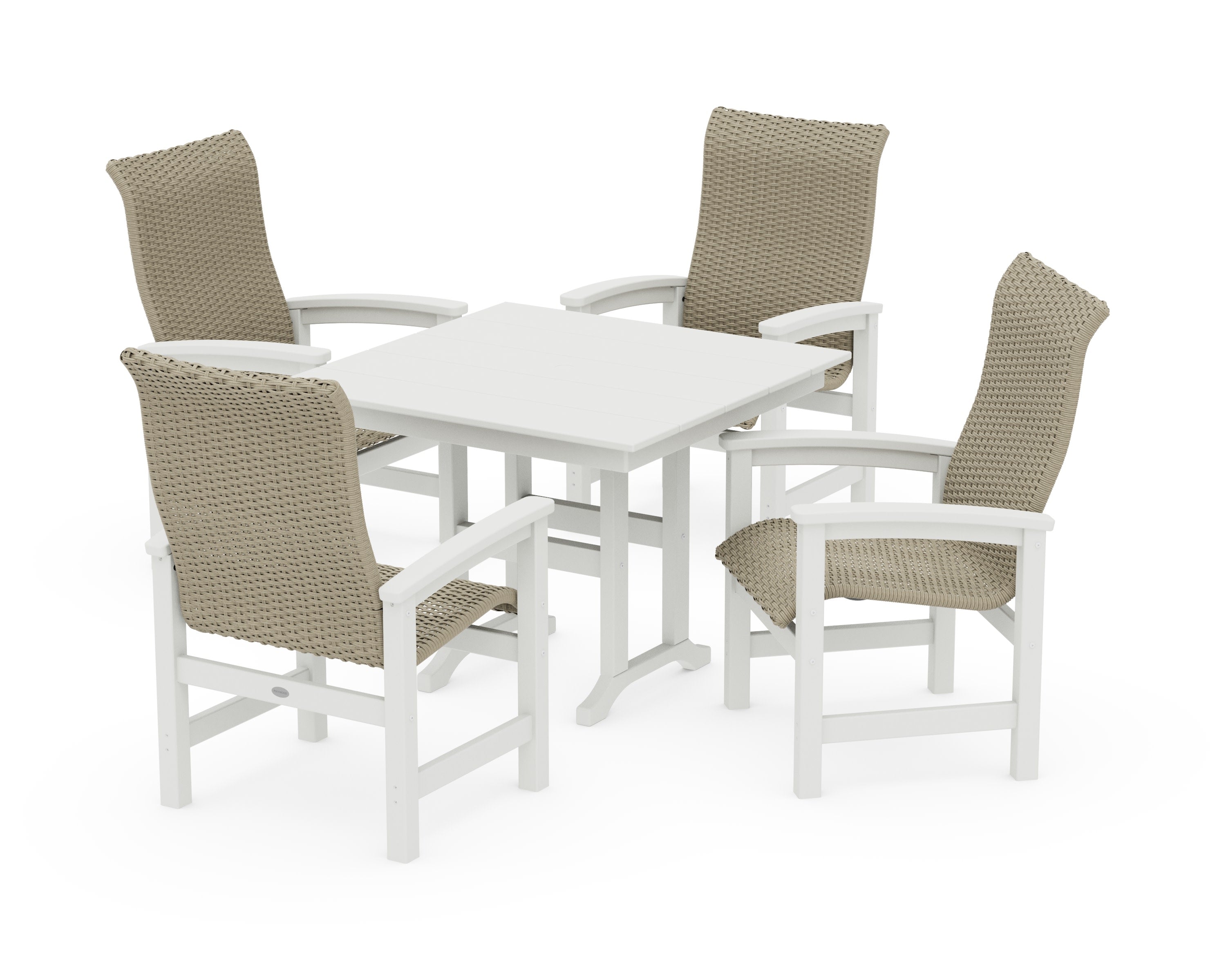 Coastal Woven High-Back 5-Piece Farmhouse Dining Set in White / Dune Grass
