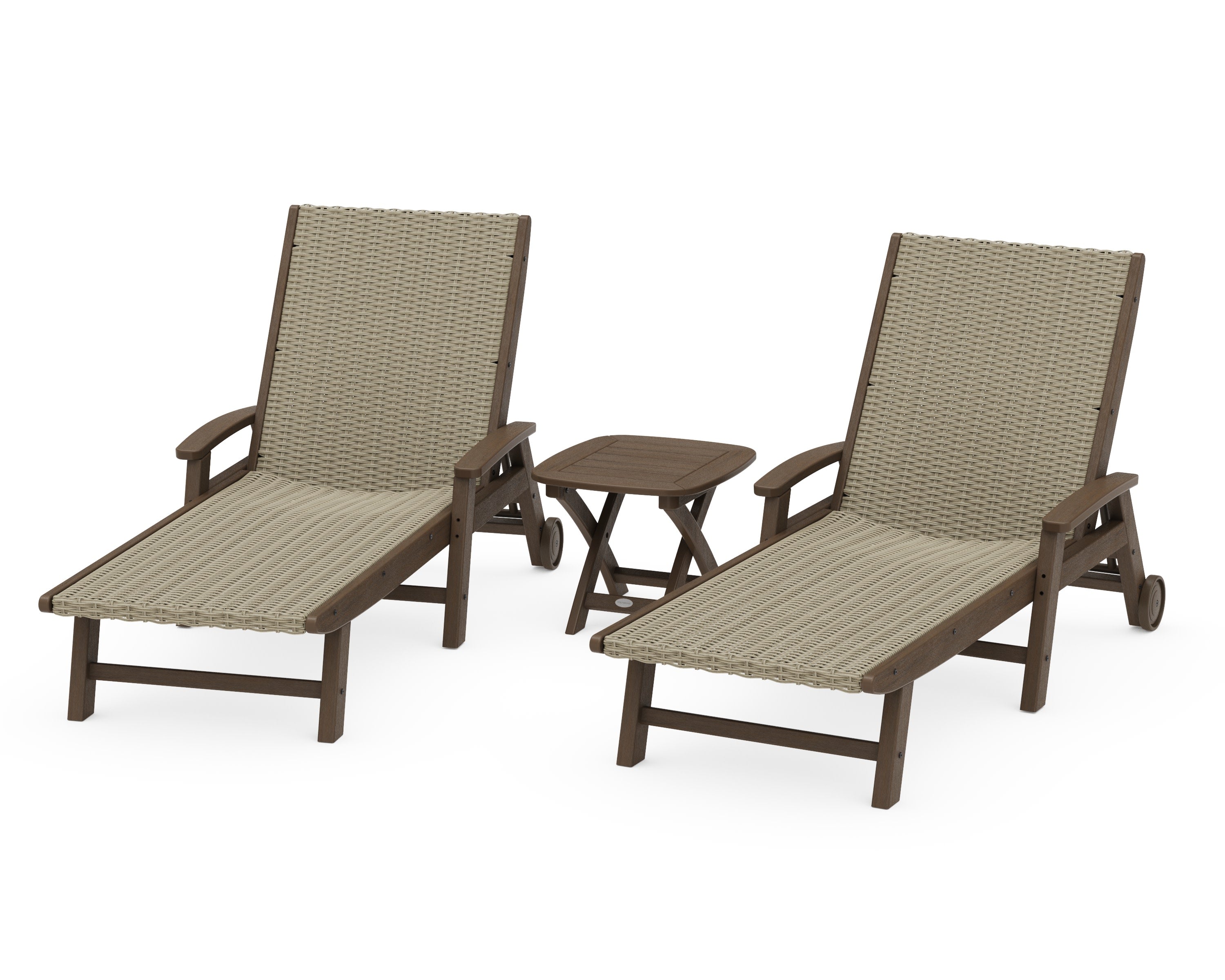 3-Piece Coastal Woven Chaise with Arms and Wheels Chaise Lounge Set in Kona / Dune Grass