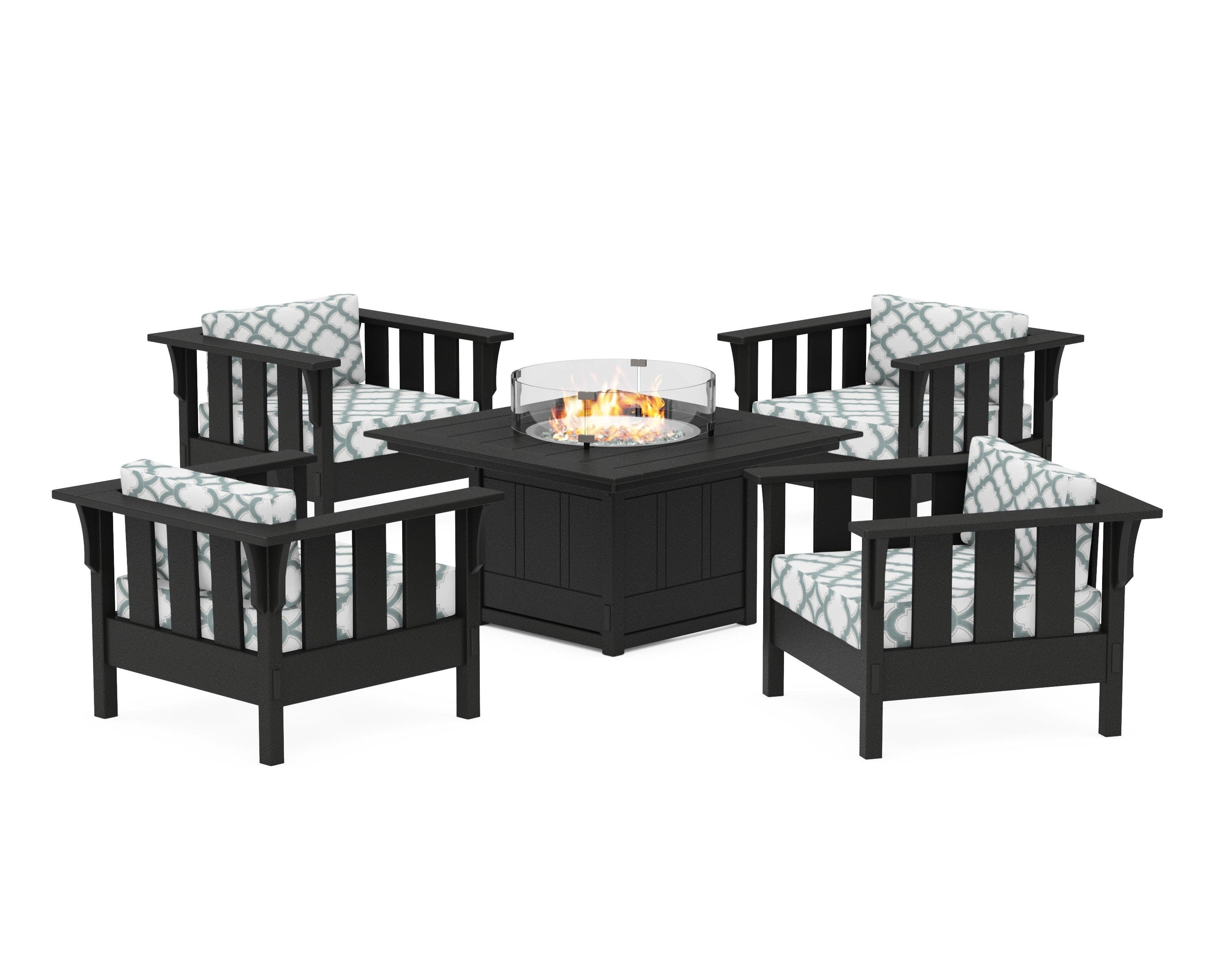 Acadia 5-Piece Deep Seating Set with Fire Pit Table in Black / Trellis Glacier Spa
