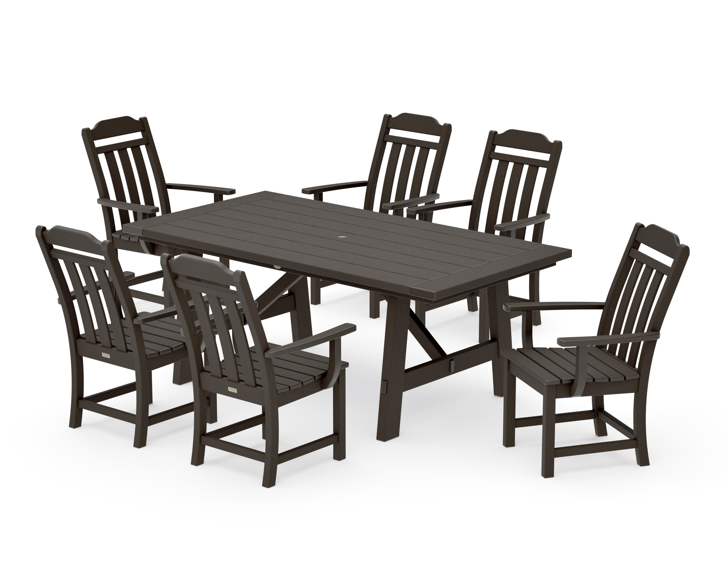 Cottage Arm Chair 7-Piece Rustic Farmhouse Dining Set in Vintage Coffee