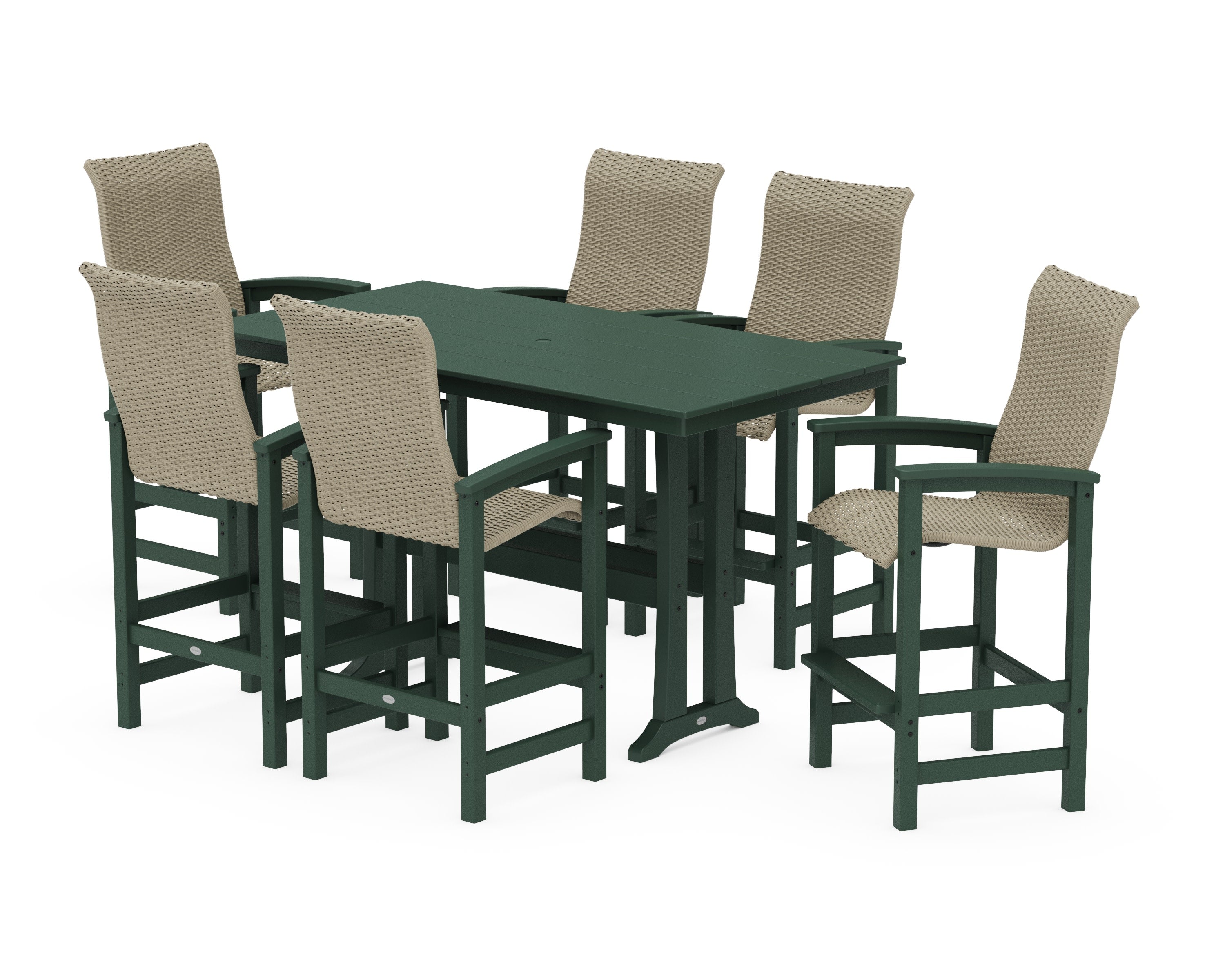 Coastal Woven High-Back Arm Chair 7-Piece Farmhouse Bar Set with Trestle Legs in Green / Dune Grass