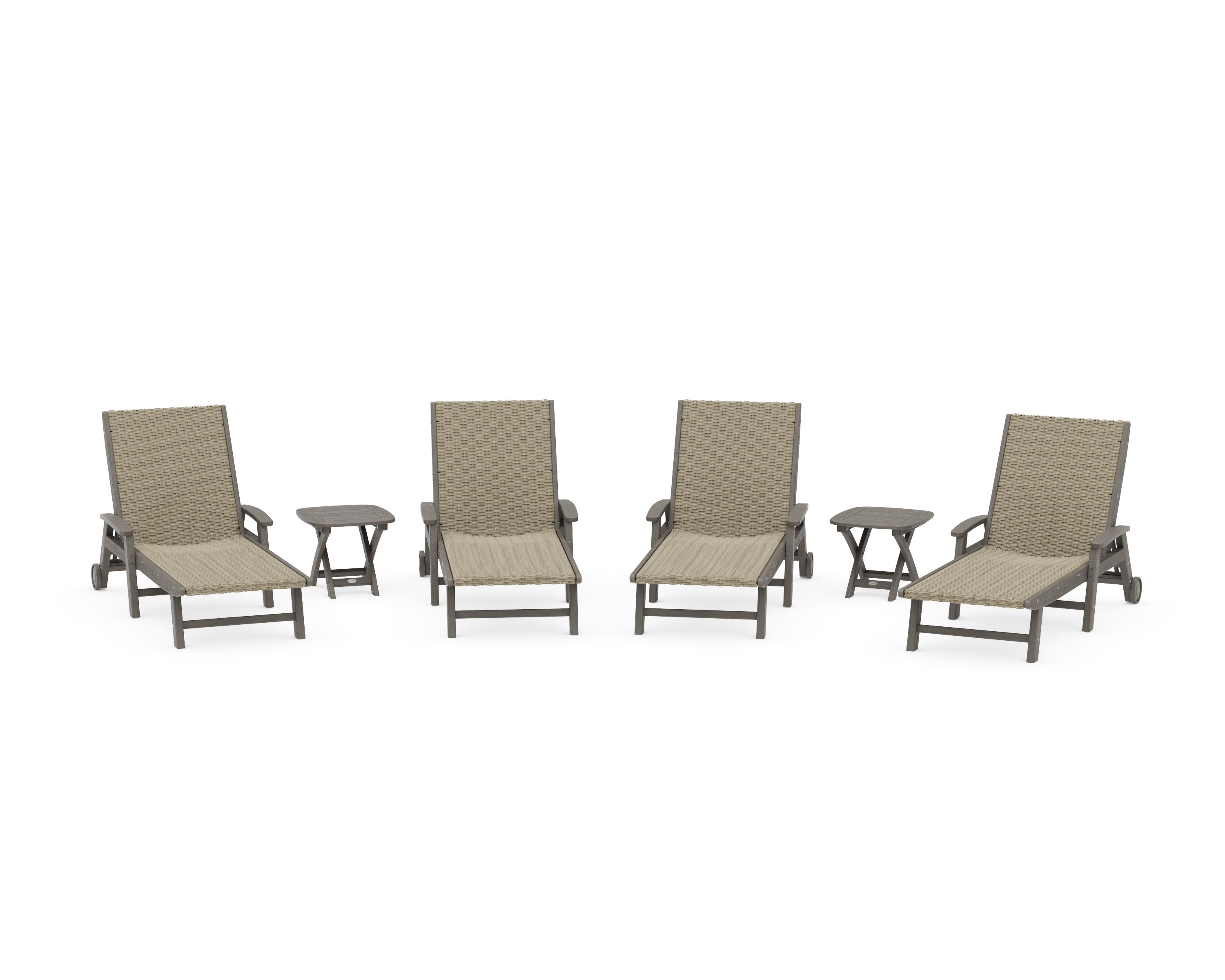 6- Piece Coastal Woven Chaise with Arms and Wheels Chaise Lounge Set in Driftwood / Dune Grass