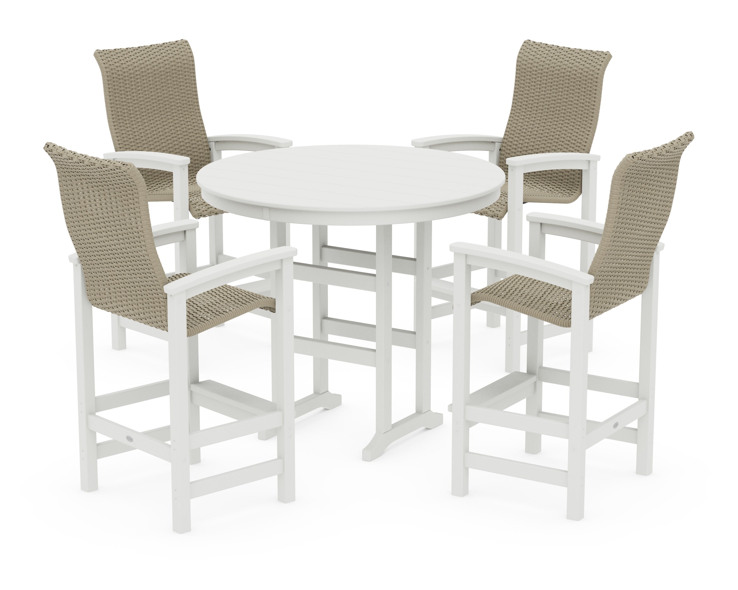 Coastal Woven High-Back 5-Piece Round Farmhouse Bar Set in Vintage White / Dune Grass