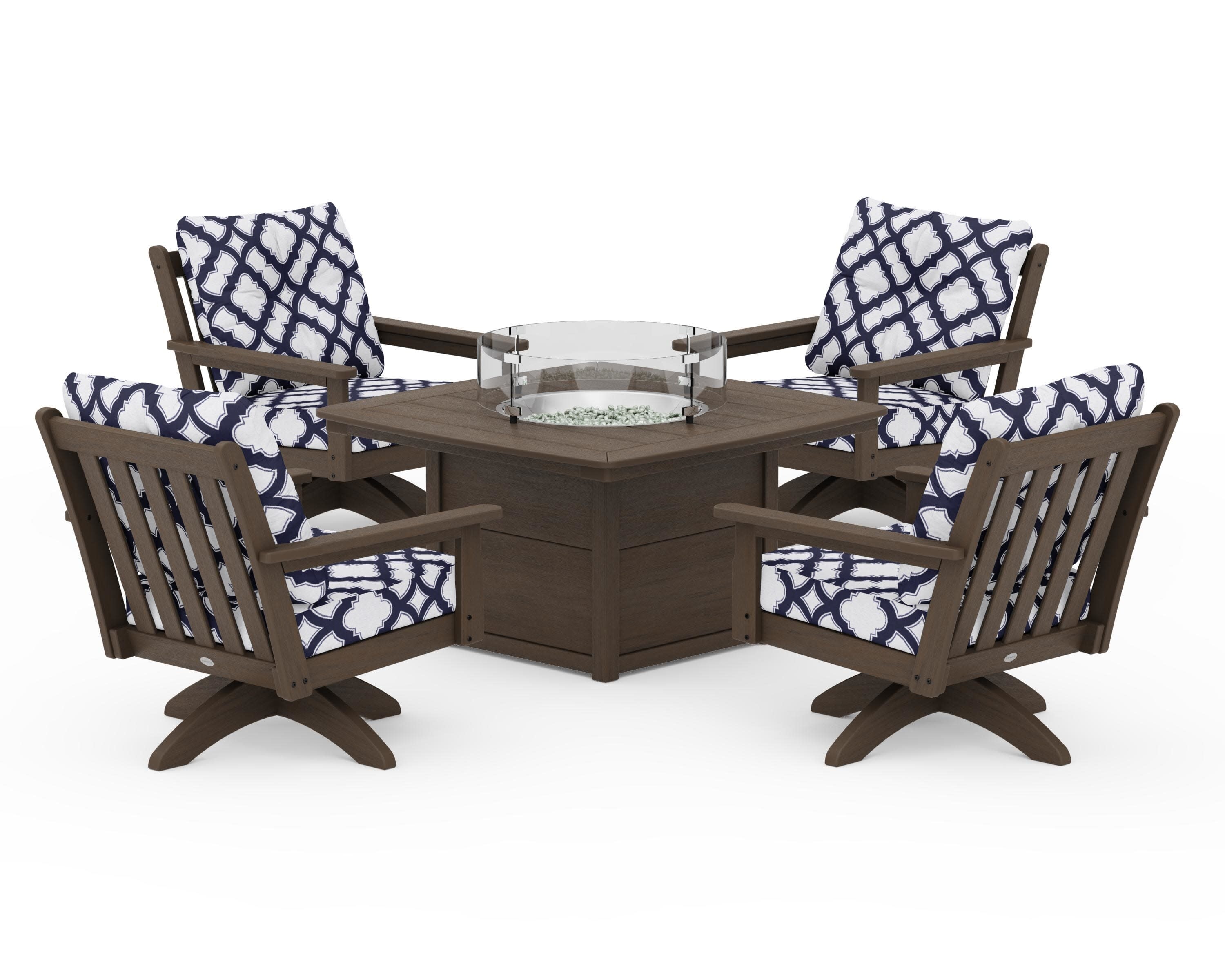 Vineyard 5-Piece Deep Seating Swivel Conversation Set with Fire Pit Table in Kona / Trellis Navy