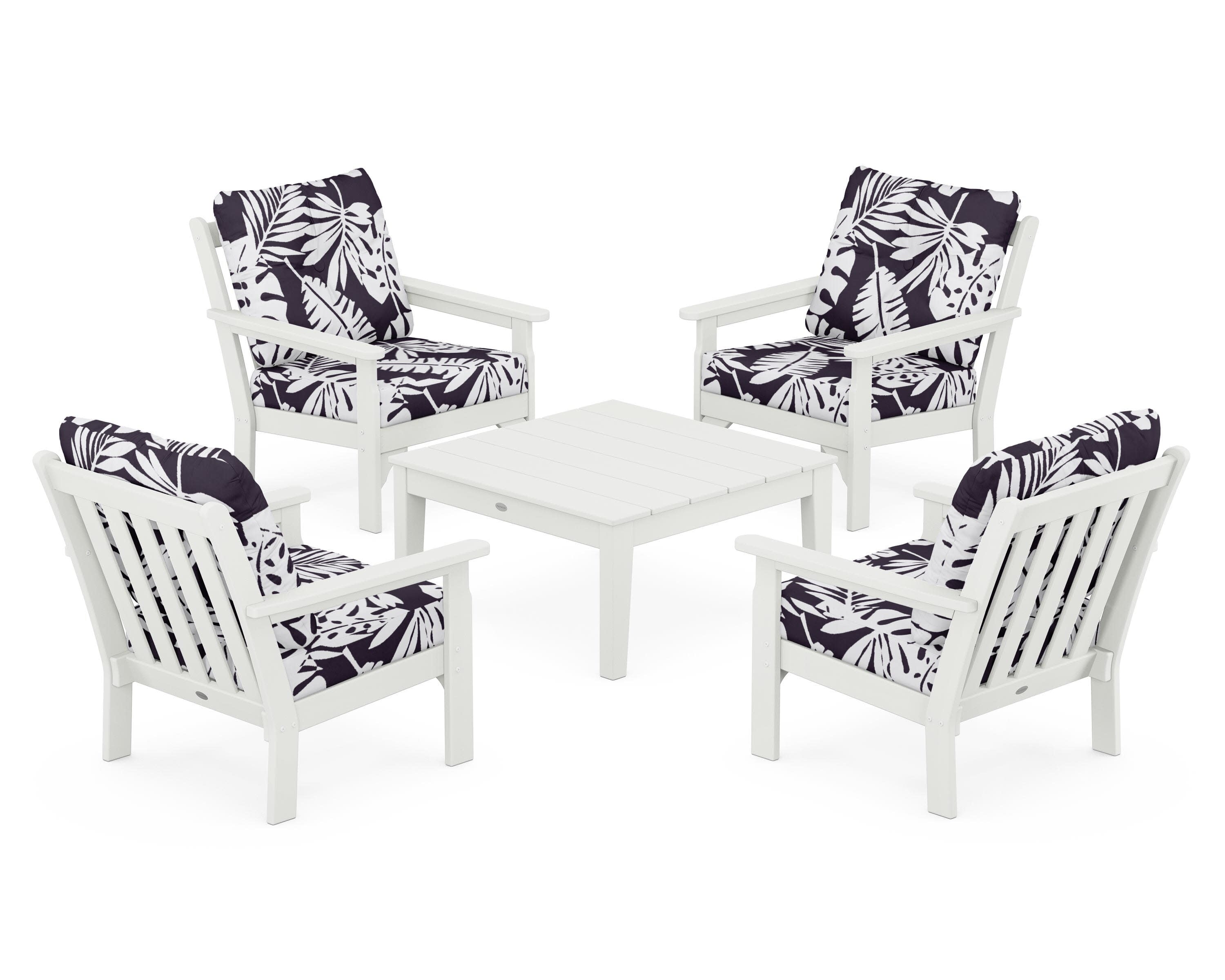 Vineyard 5-Piece Deep Seating Conversation Set in Vintage White / Leaf Navy