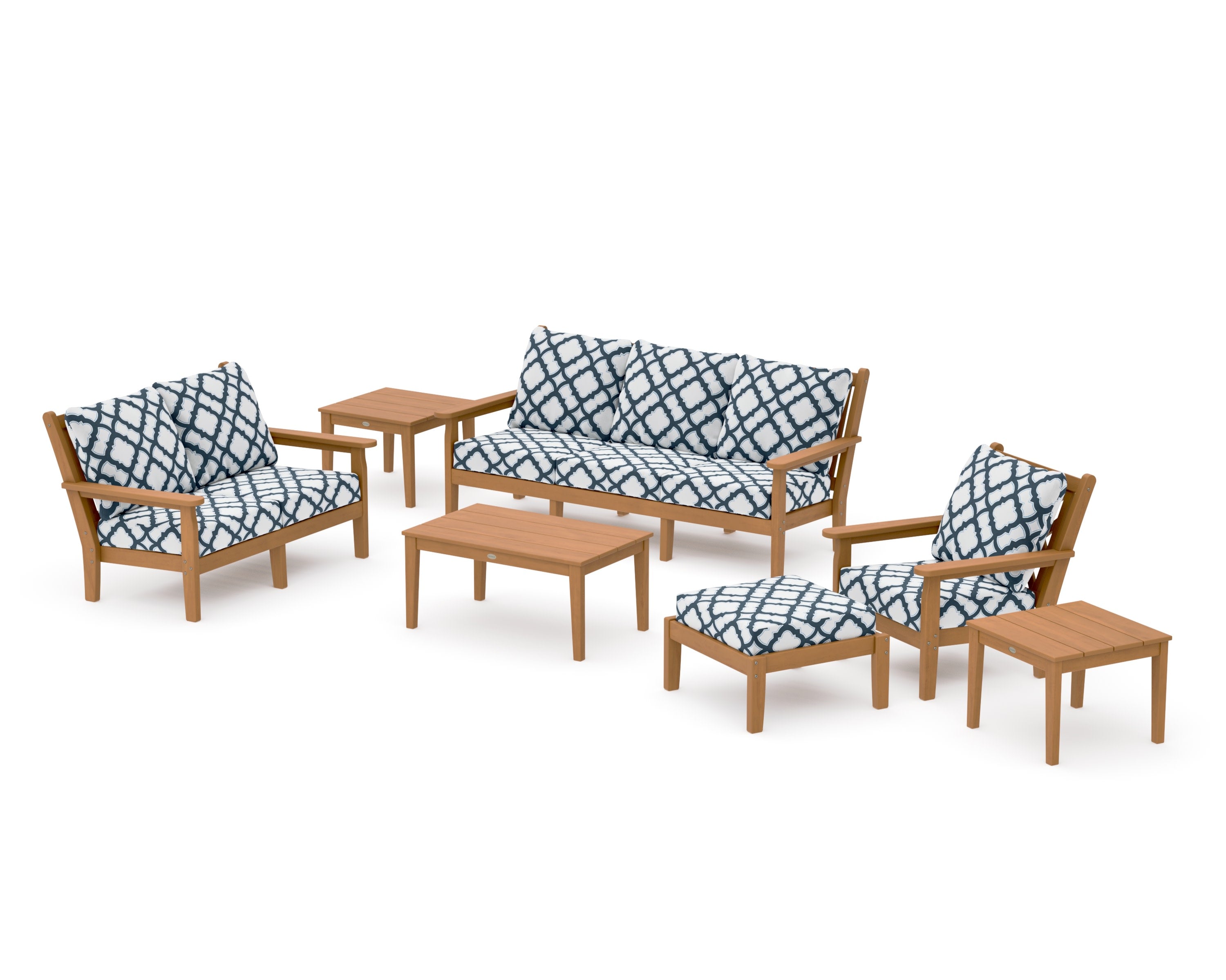 Chippendale 7-Piece Deep Seating Set in Natural / Trellis Marine Indigo