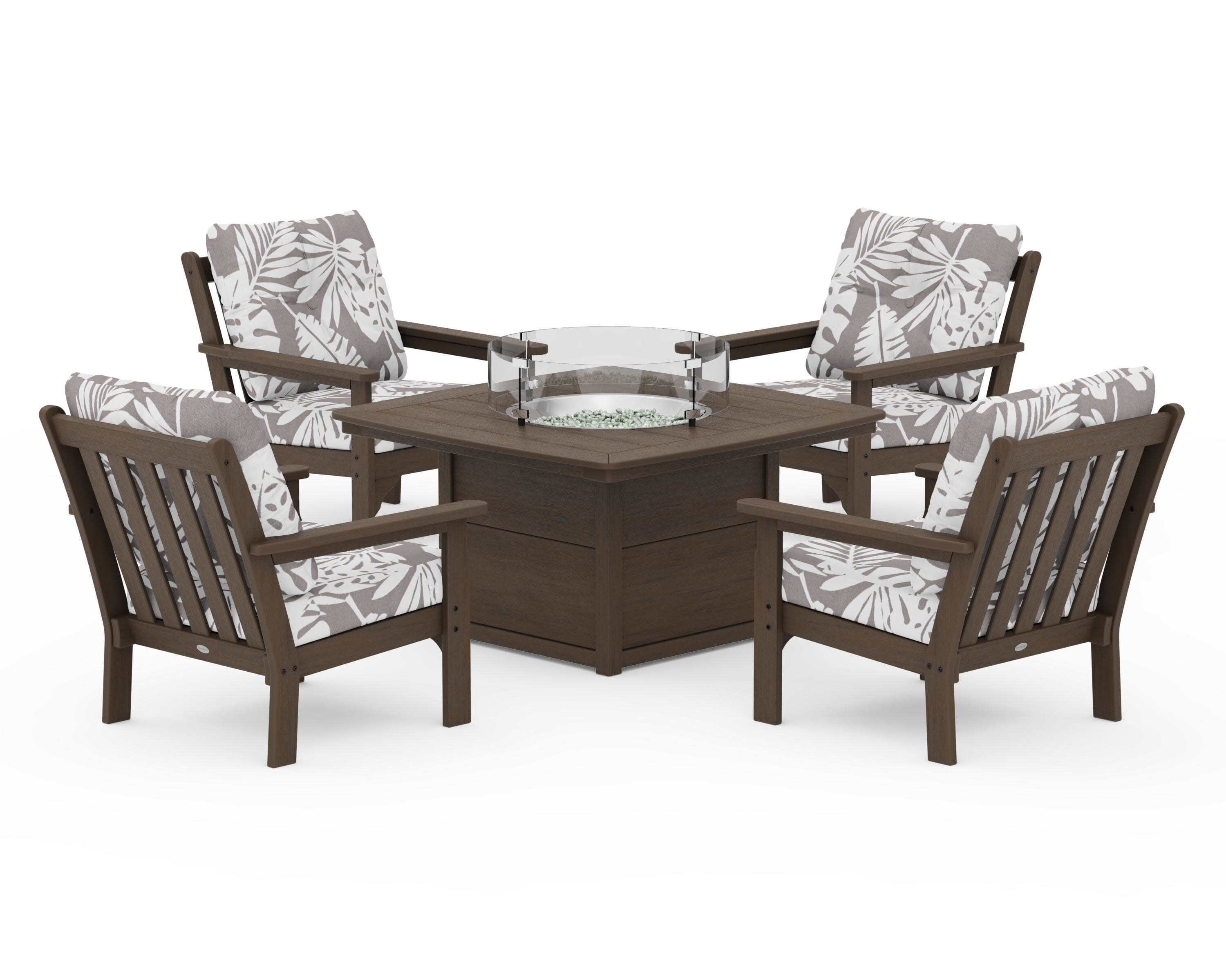 Vineyard 5-Piece Conversation Set with Fire Pit Table in Kona / Leaf Grey Mist