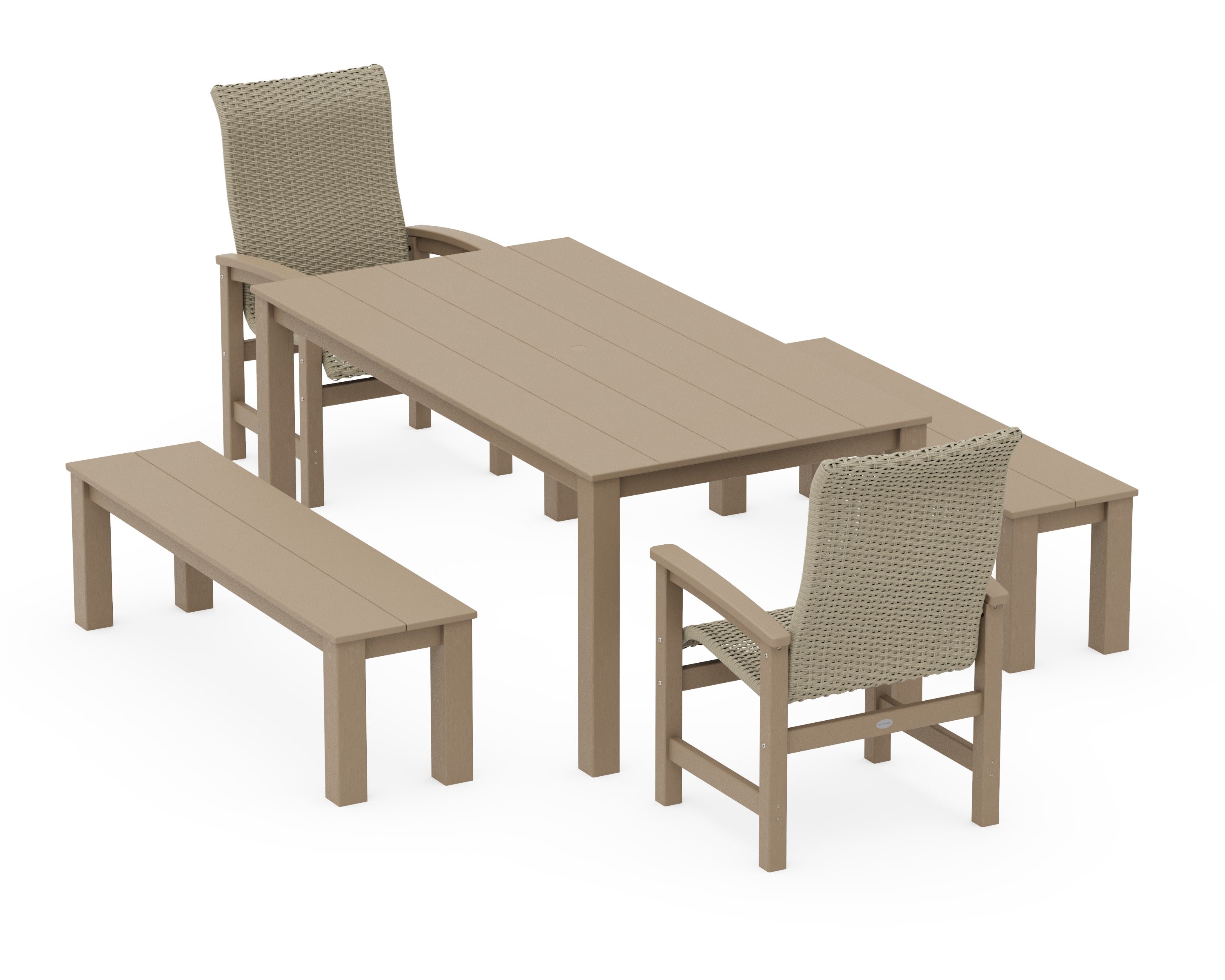 Coastal Woven High-Back 5-Piece Parsons Dining Set with Benches in Vintage Sahara / Dune Grass
