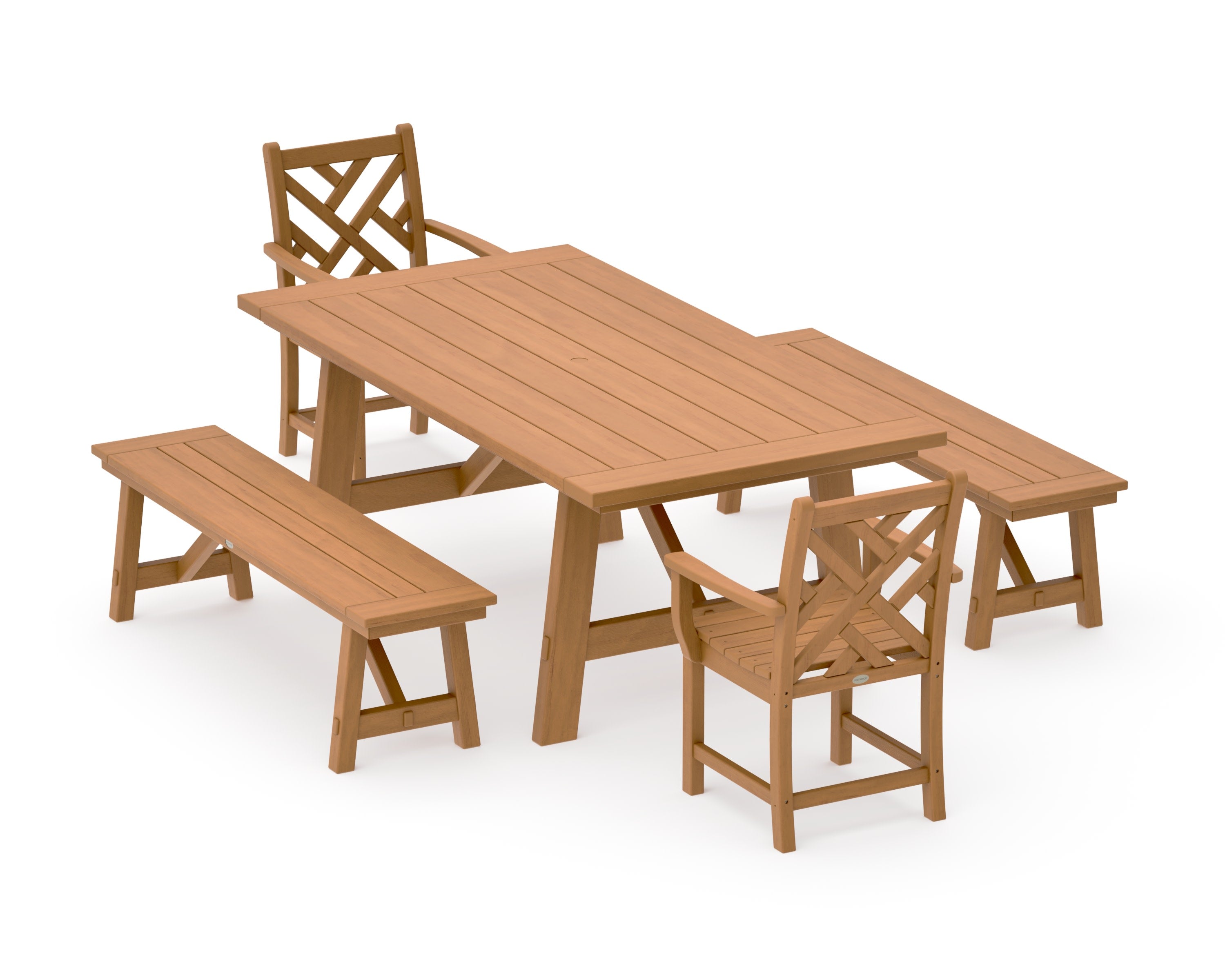 Chippendale 5-Piece Rustic Farmhouse Dining Set With Benches in Natural