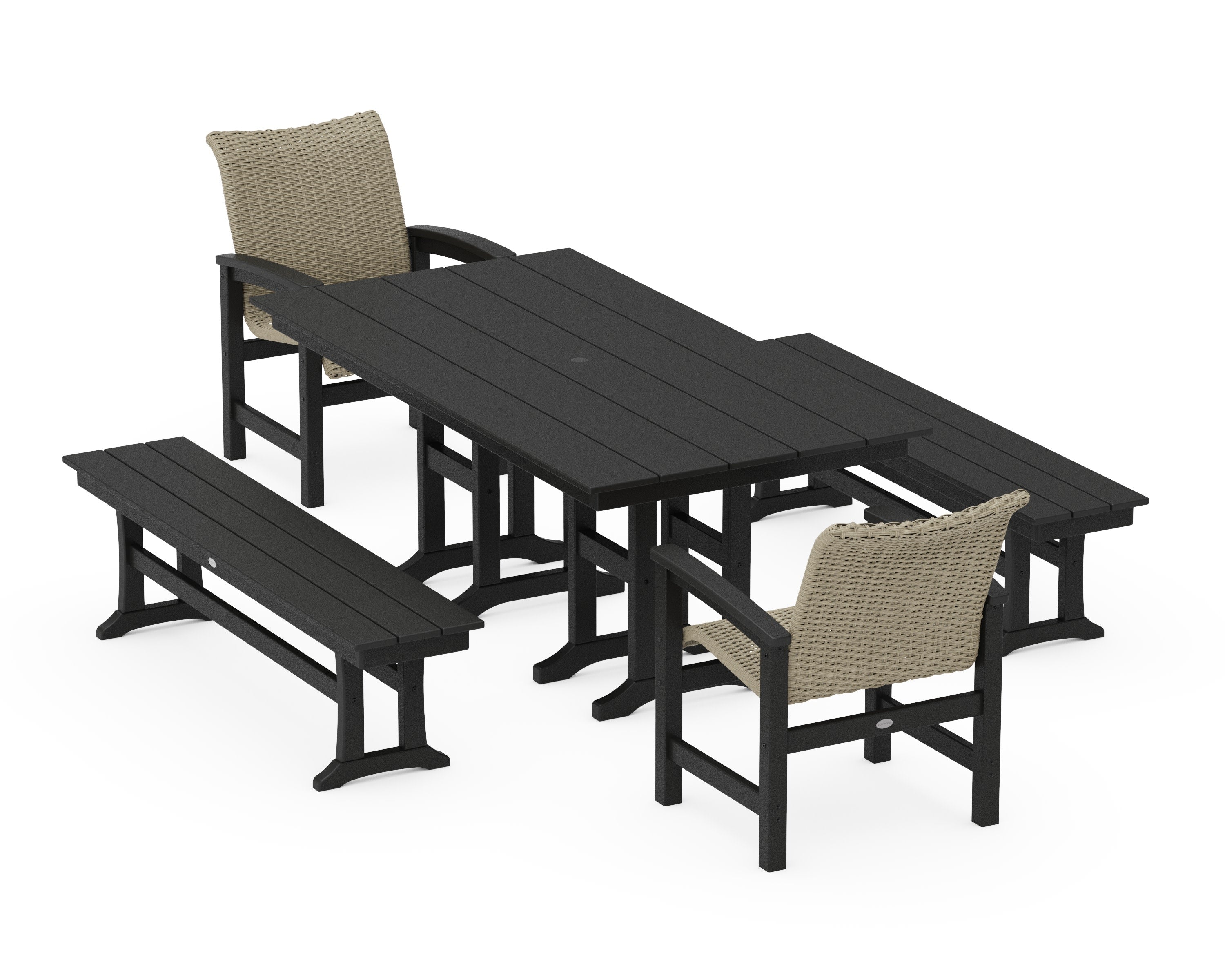 Coastal Woven 5-Piece Farmhouse Dining Set with Benches in Black / Dune Grass