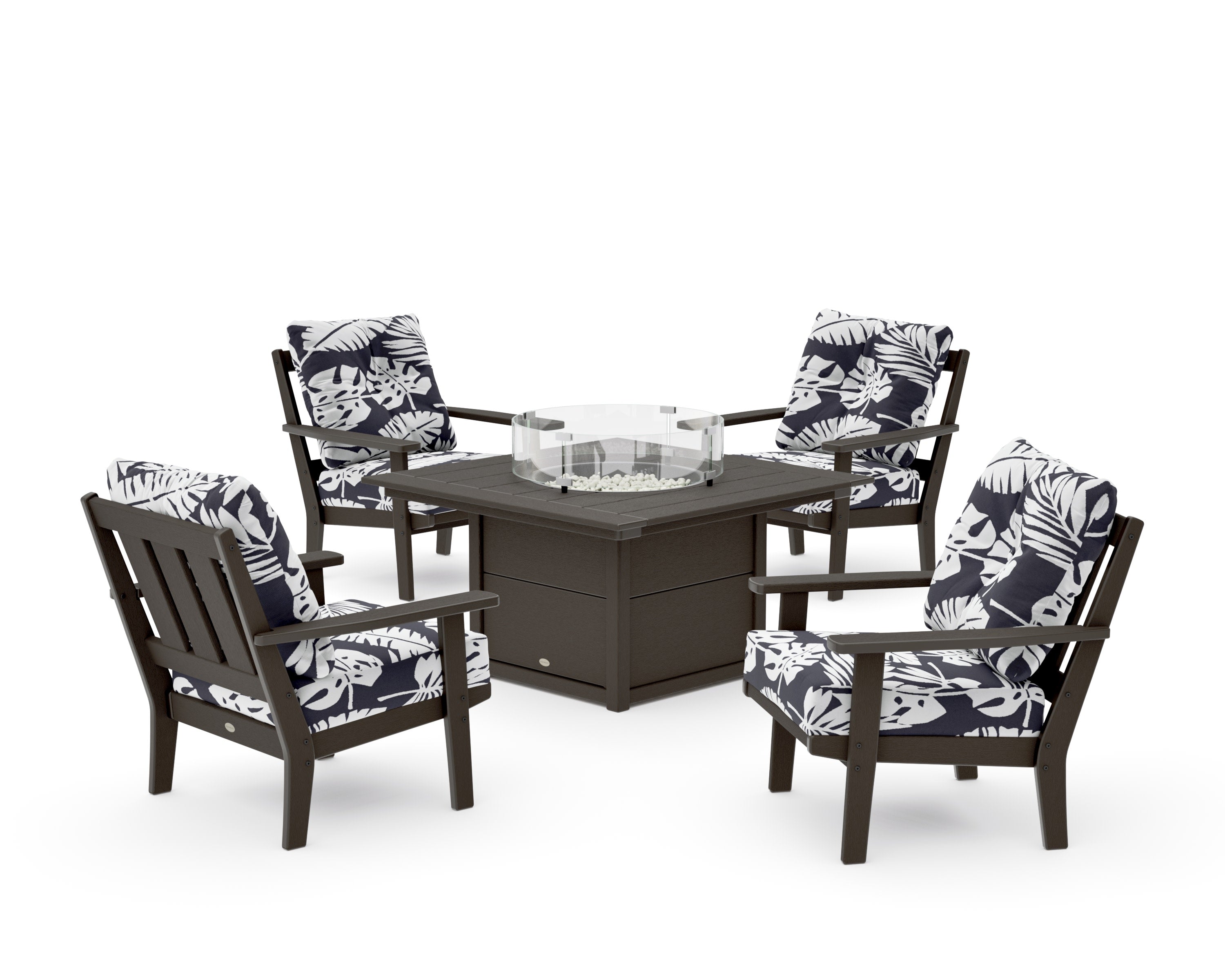Oxford 5-Piece Deep Seating Set with Fire Pit Table in Vintage Coffee / Leaf Navy