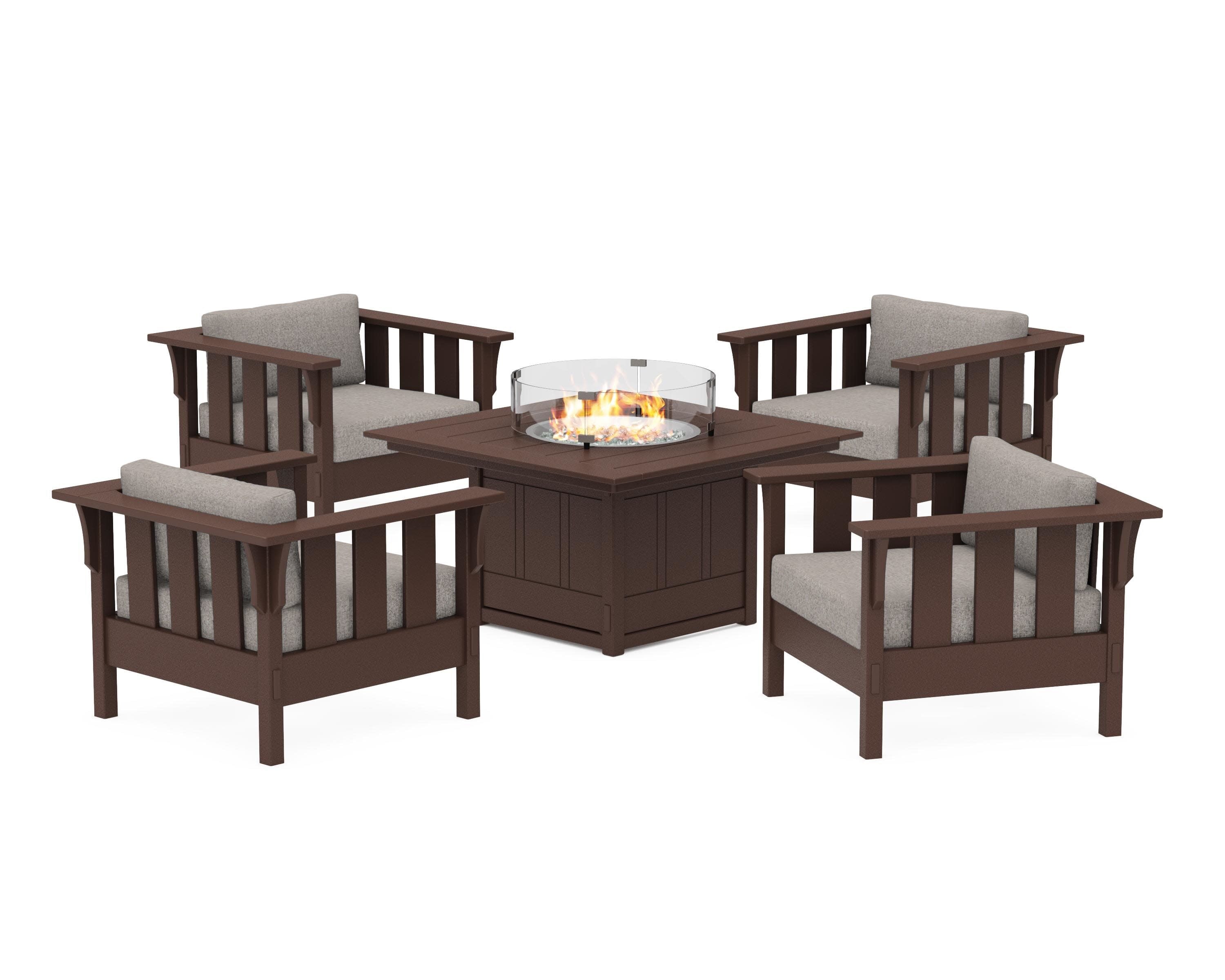 Acadia 5-Piece Deep Seating Set with Fire Pit Table in Mahogany / Weathered Tweed