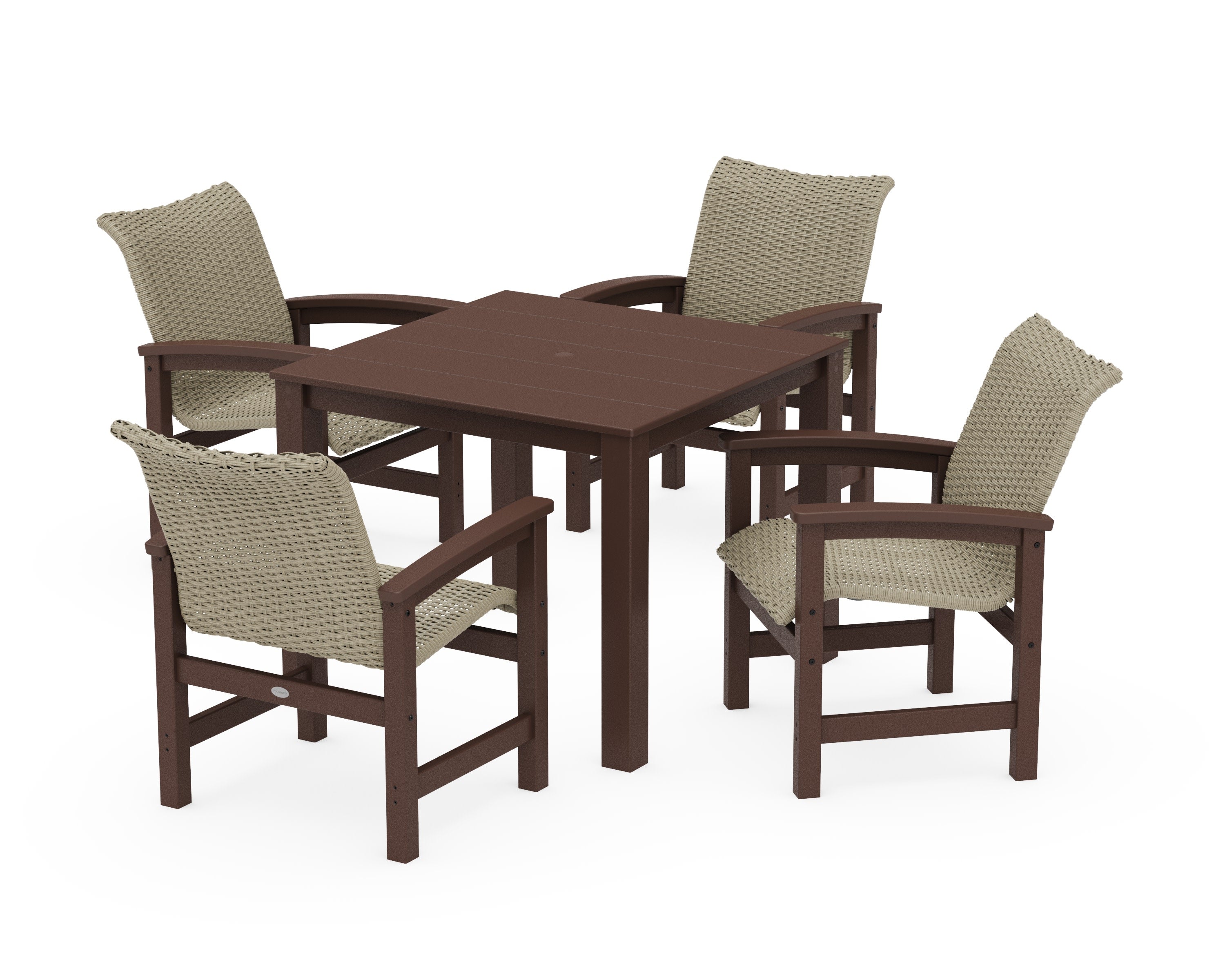 Coastal Woven 5-Piece Parsons Dining Set in Mahogany / Dune Grass
