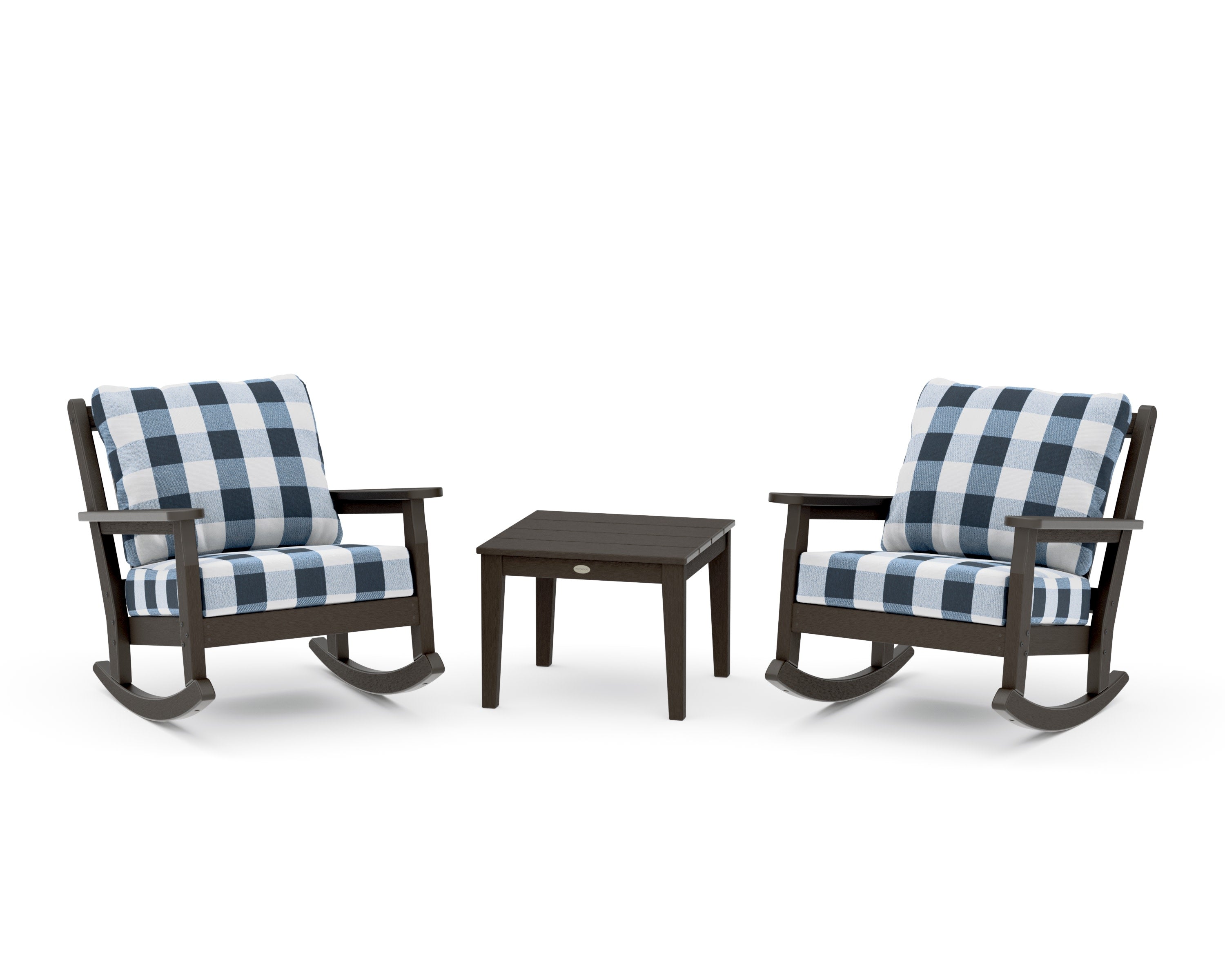 Chippendale 3-Piece Deep Seating Rocker Set in Vintage Coffee / Buffalo Plaid Marine Indigo