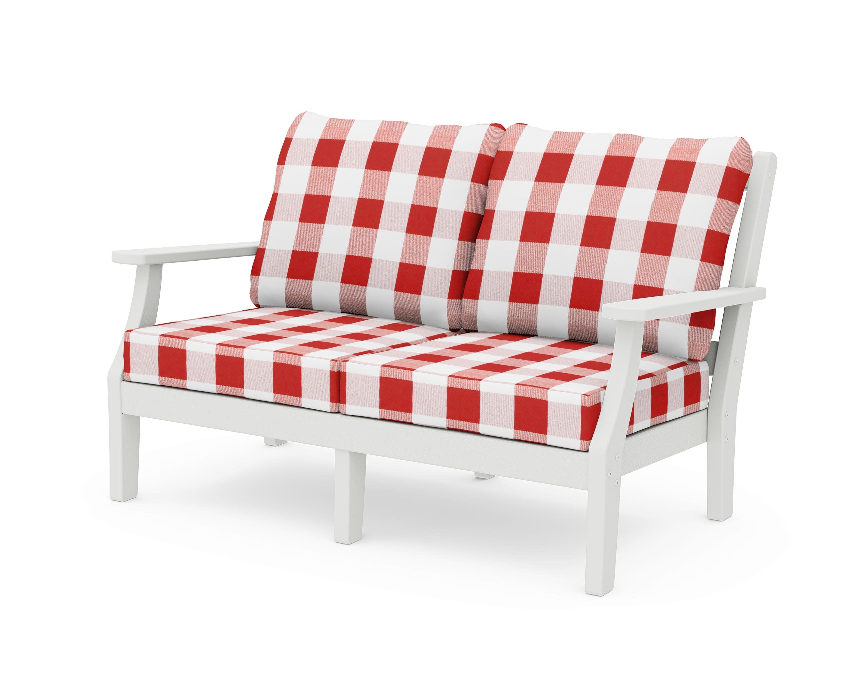 Chinoiserie Deep Seating Loveseat in Vintage White / Buffalo Plaid Crimson